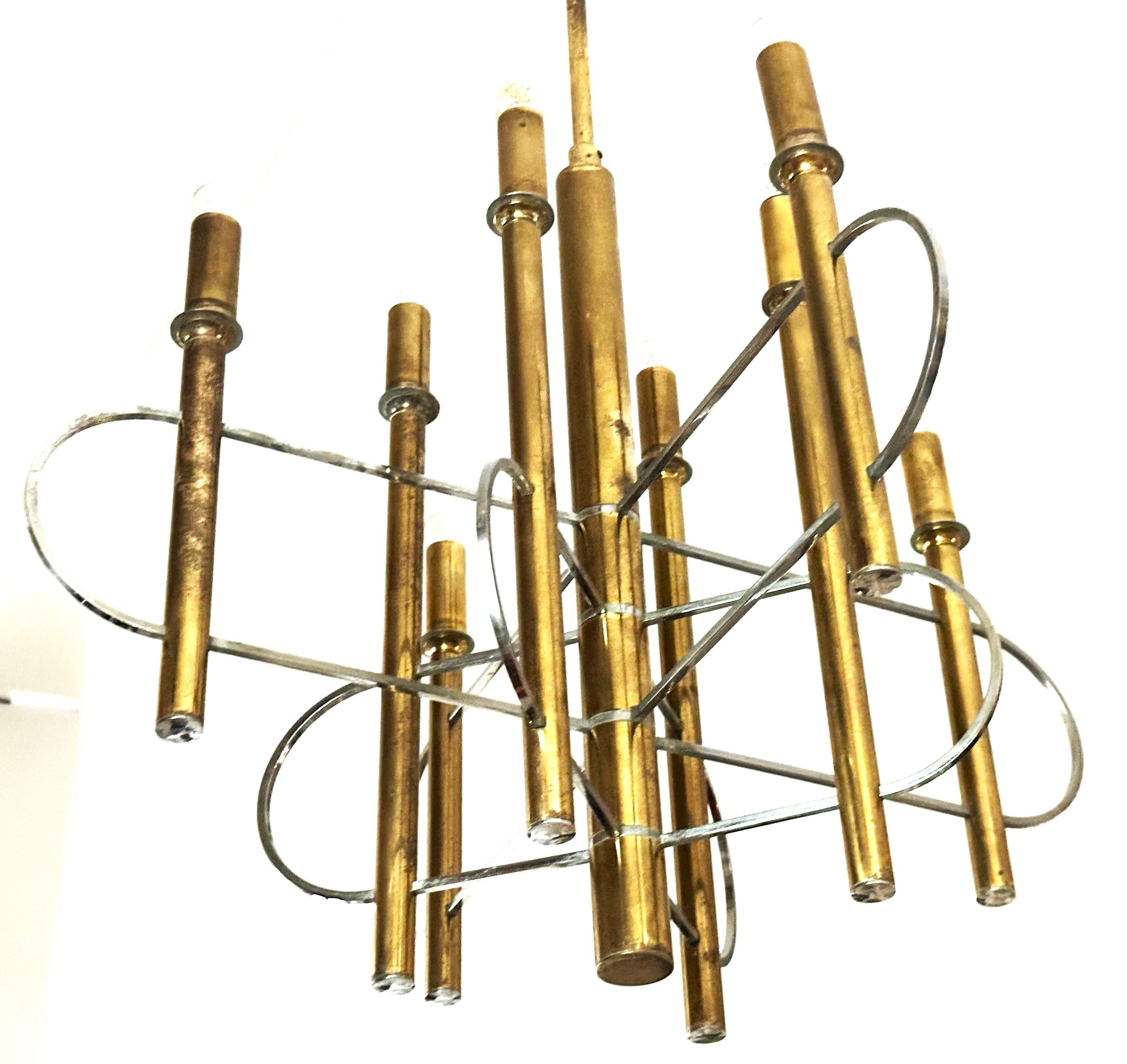 Mid-Century Chandelier signed Sciolari, Brass and Chrome, Italy 1960 For Sale 4