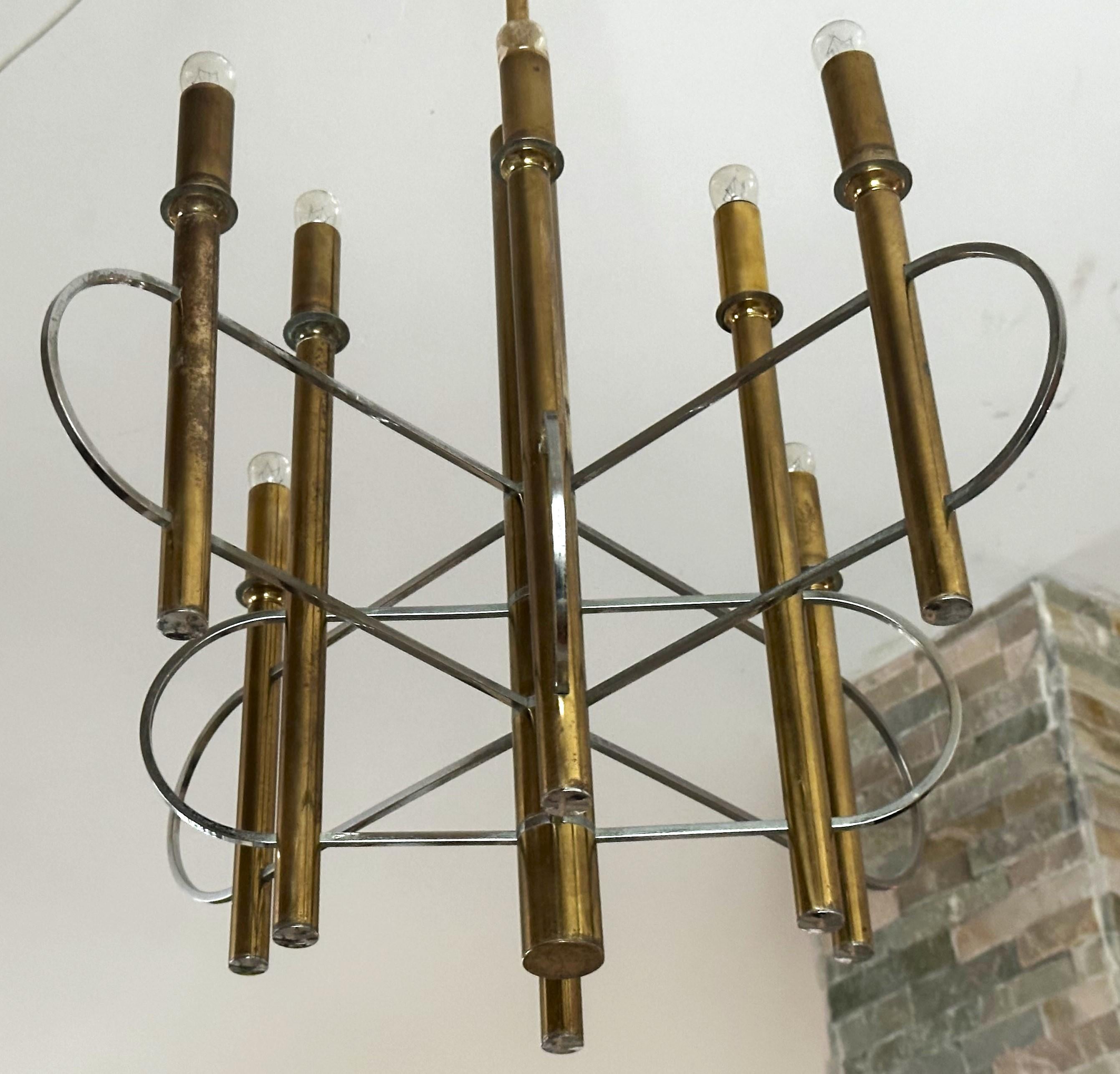 Mid-Century Chandelier signed Sciolari, Brass and Chrome, Italy 1960 For Sale 5