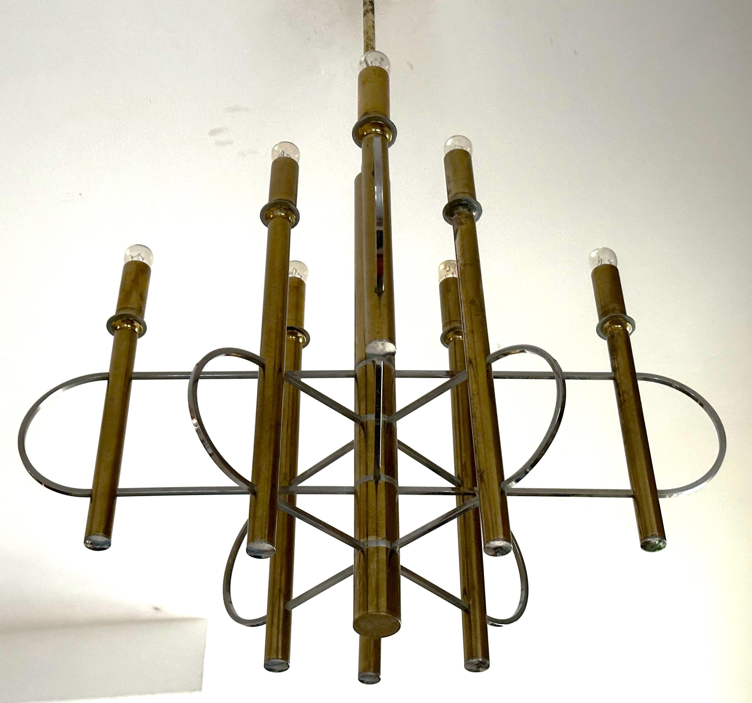 Mid-Century Chandelier signed Sciolari, Brass and Chrome, Italy 1960 For Sale 10