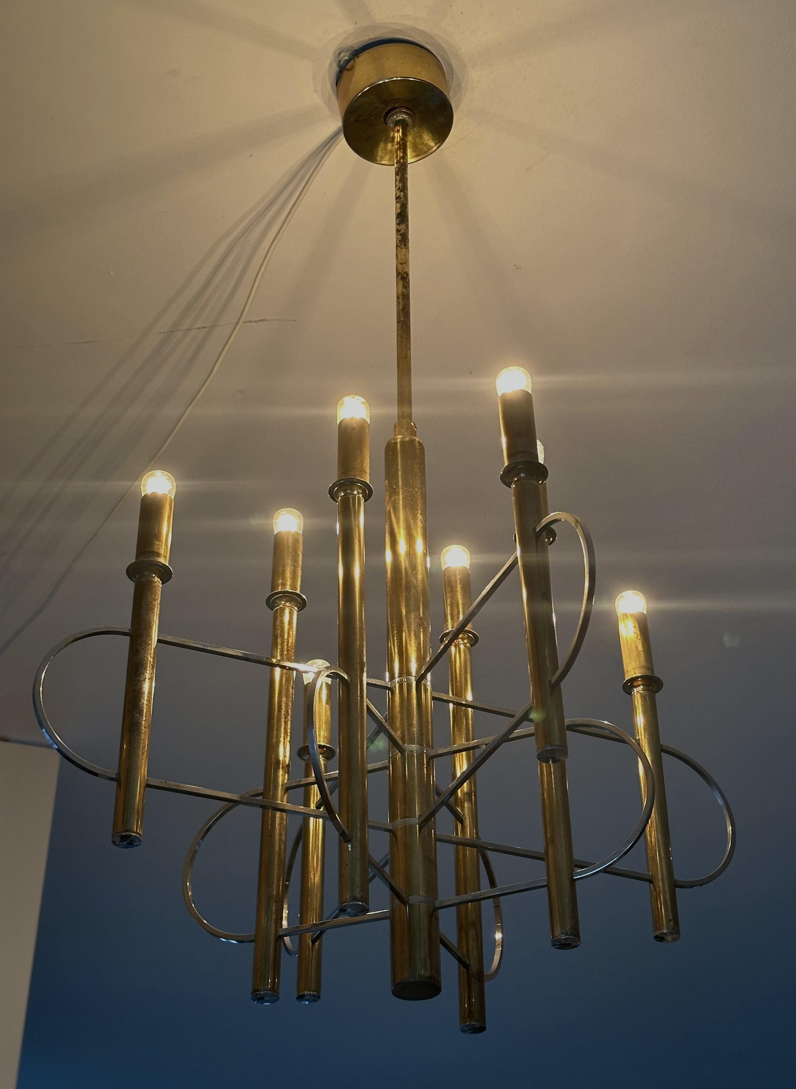 Mid-Century Chandelier signed Sciolari, Brass and Chrome, Italy 1960 For Sale 11