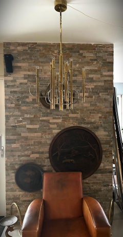 Mid-Century Chandelier signed Sciolari, Brass and Chrome, Italy 1960