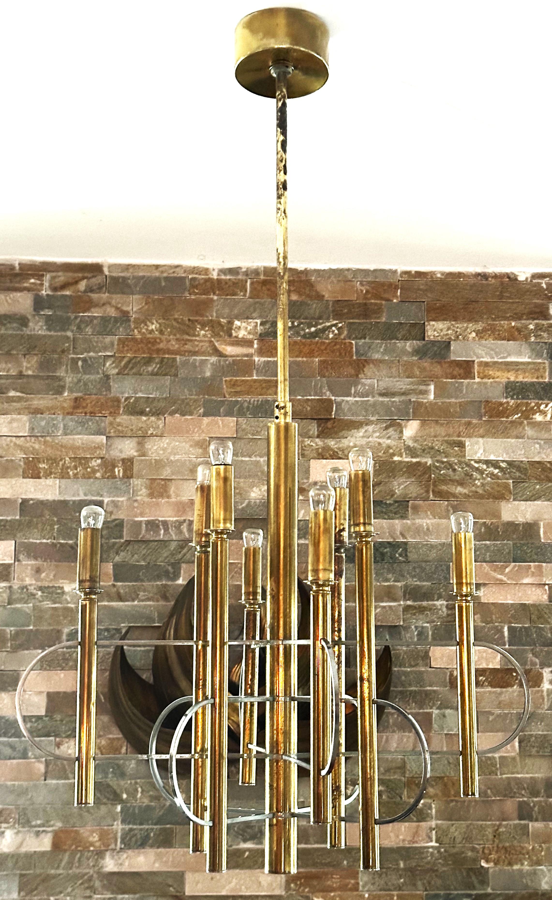 Italian Mid-Century Chandelier signed Sciolari, Brass and Chrome, Italy 1960 For Sale