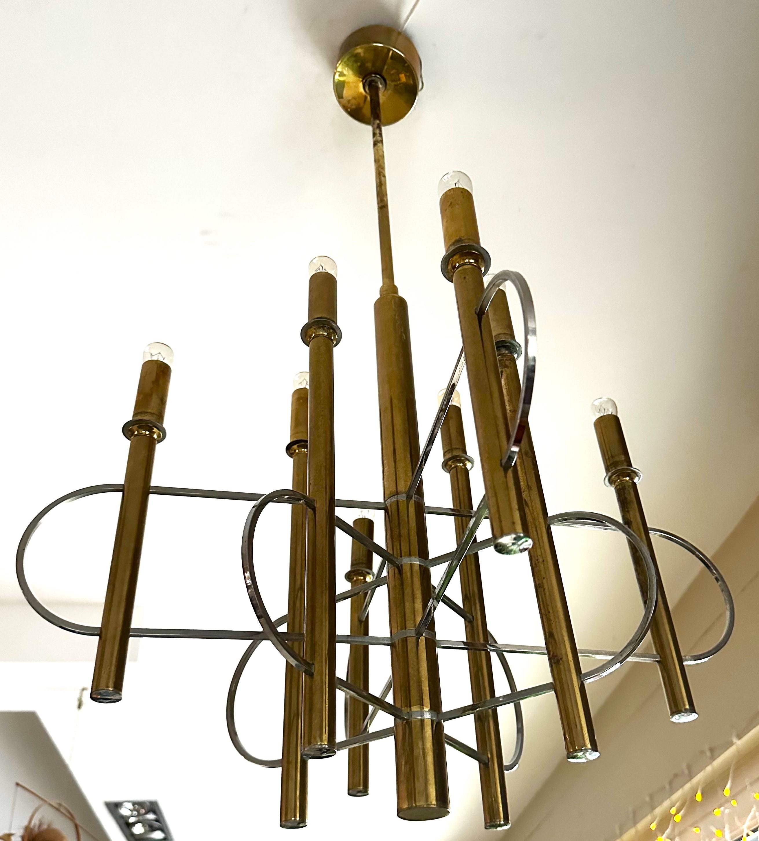 Mid-Century Chandelier signed Sciolari, Brass and Chrome, Italy 1960 For Sale 2