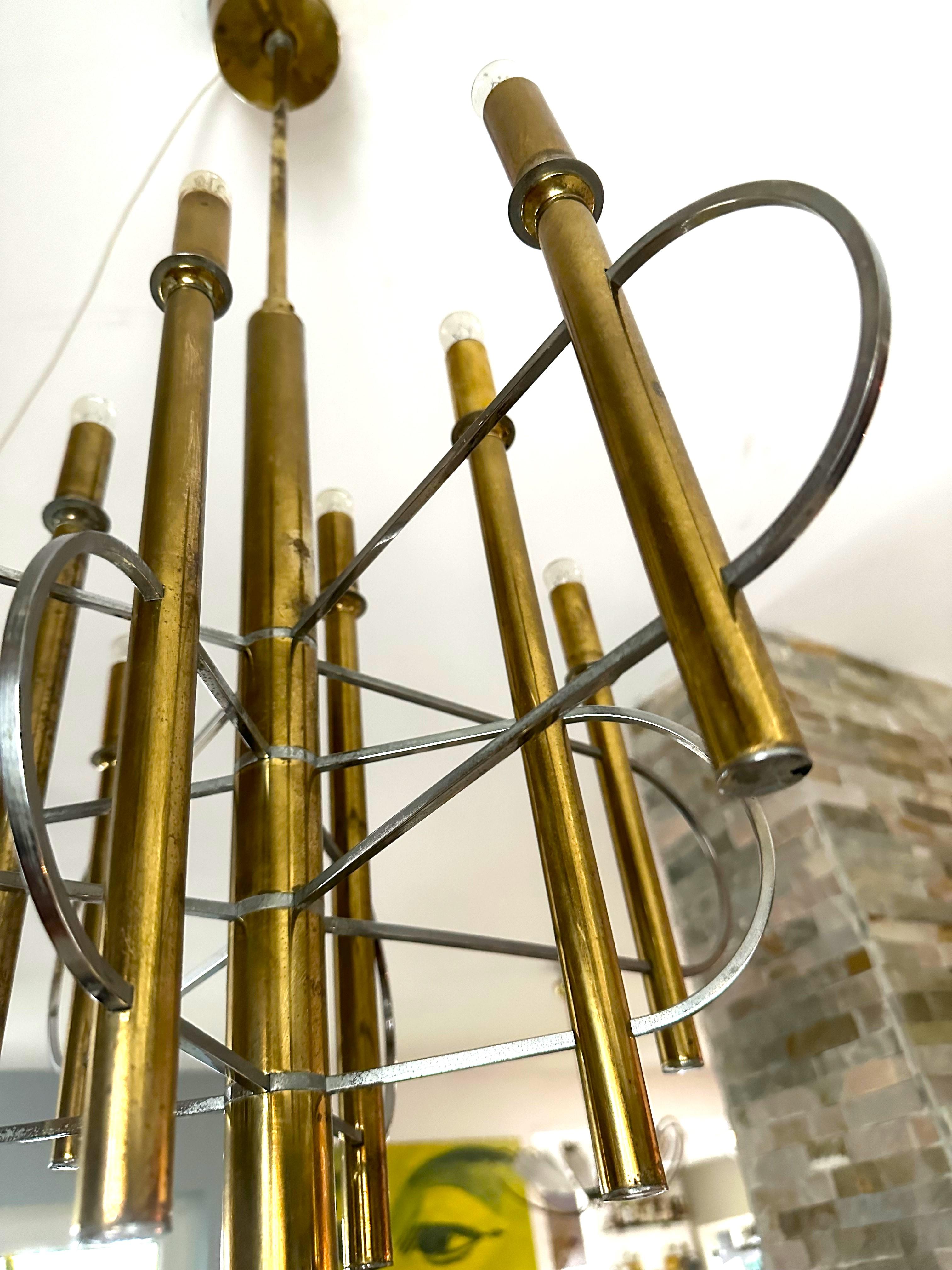 Mid-Century Chandelier signed Sciolari, Brass and Chrome, Italy 1960 For Sale 3