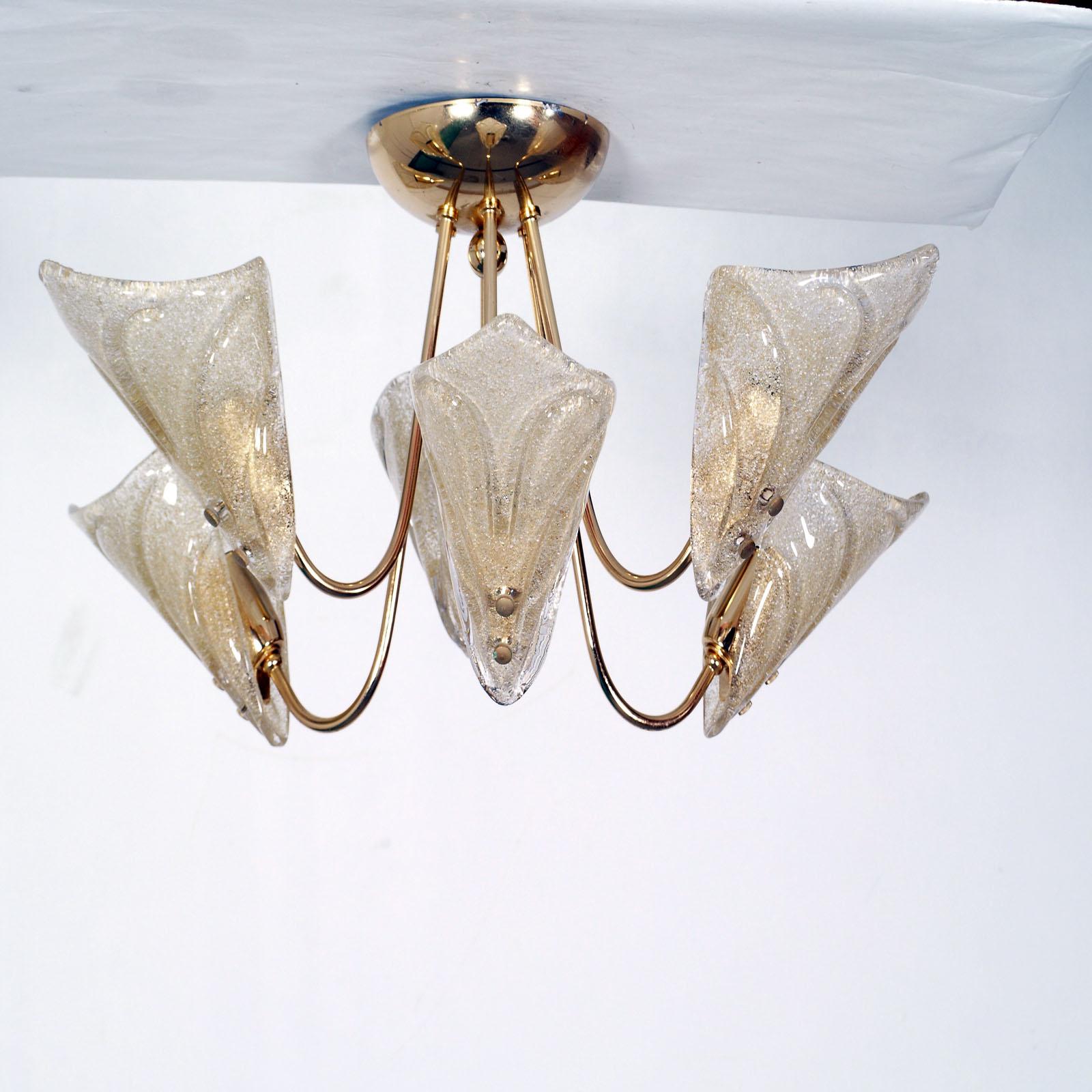 Gilt Mid-Century Chandelier Six-Light Murano Glass Leaves by Carlo Nason for Mazzega