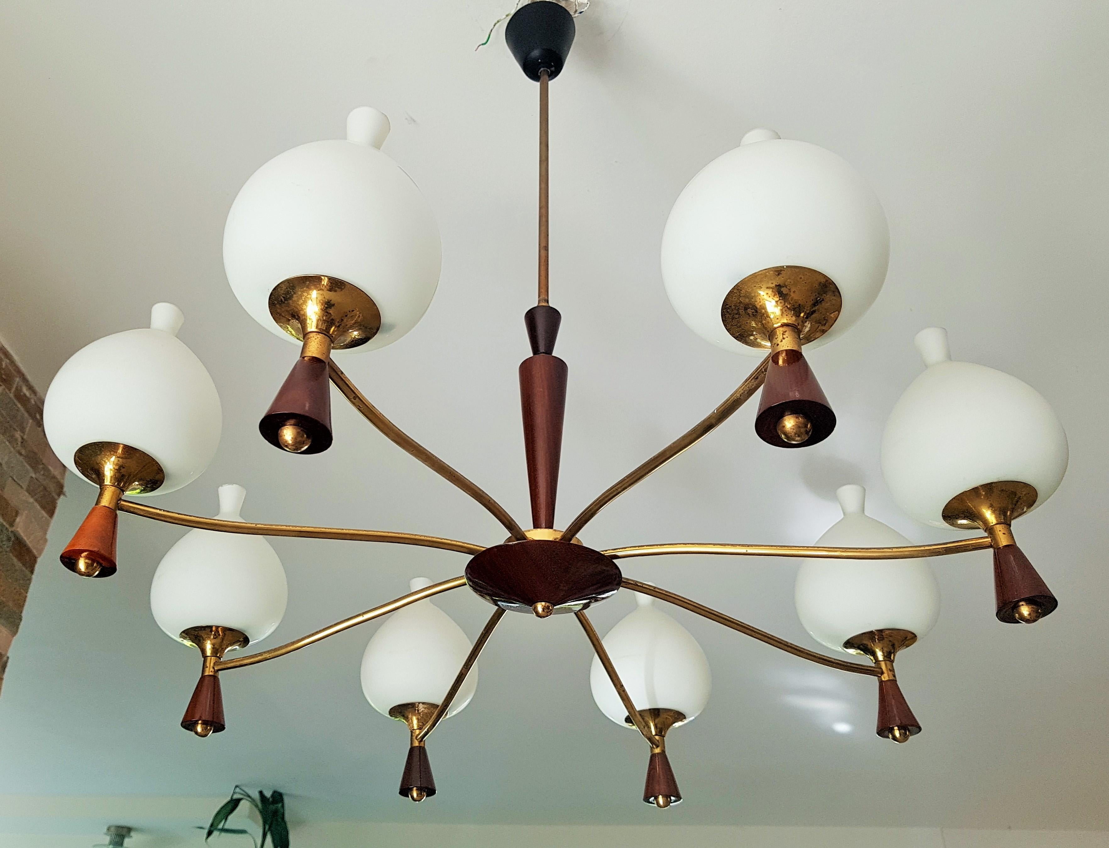Midcentury Chandelier Style Sciolari, Brass and Wood, Italy, 1950s For Sale 8