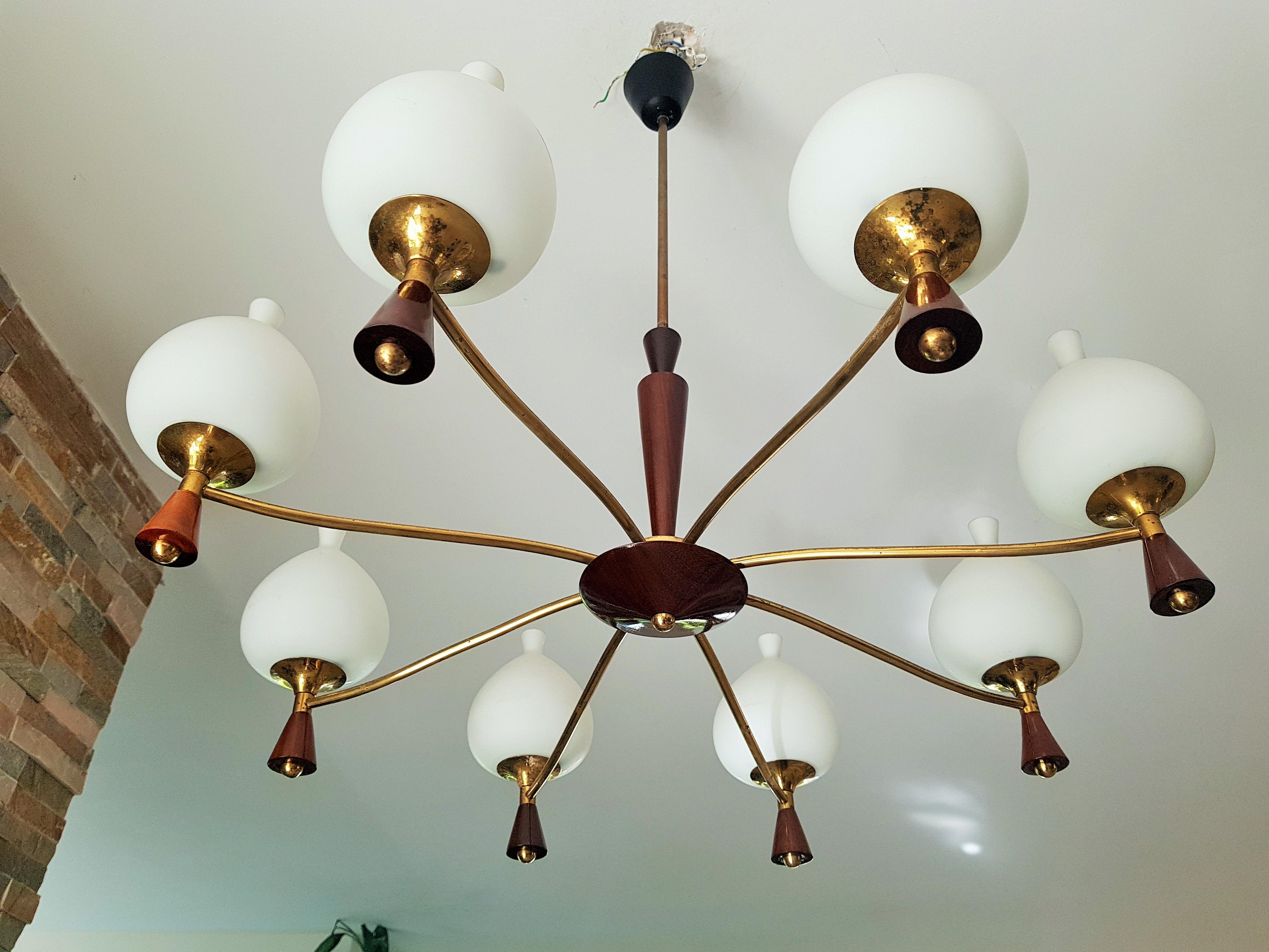 Midcentury Chandelier Style Sciolari, Brass and Wood, Italy, 1950s For Sale 9