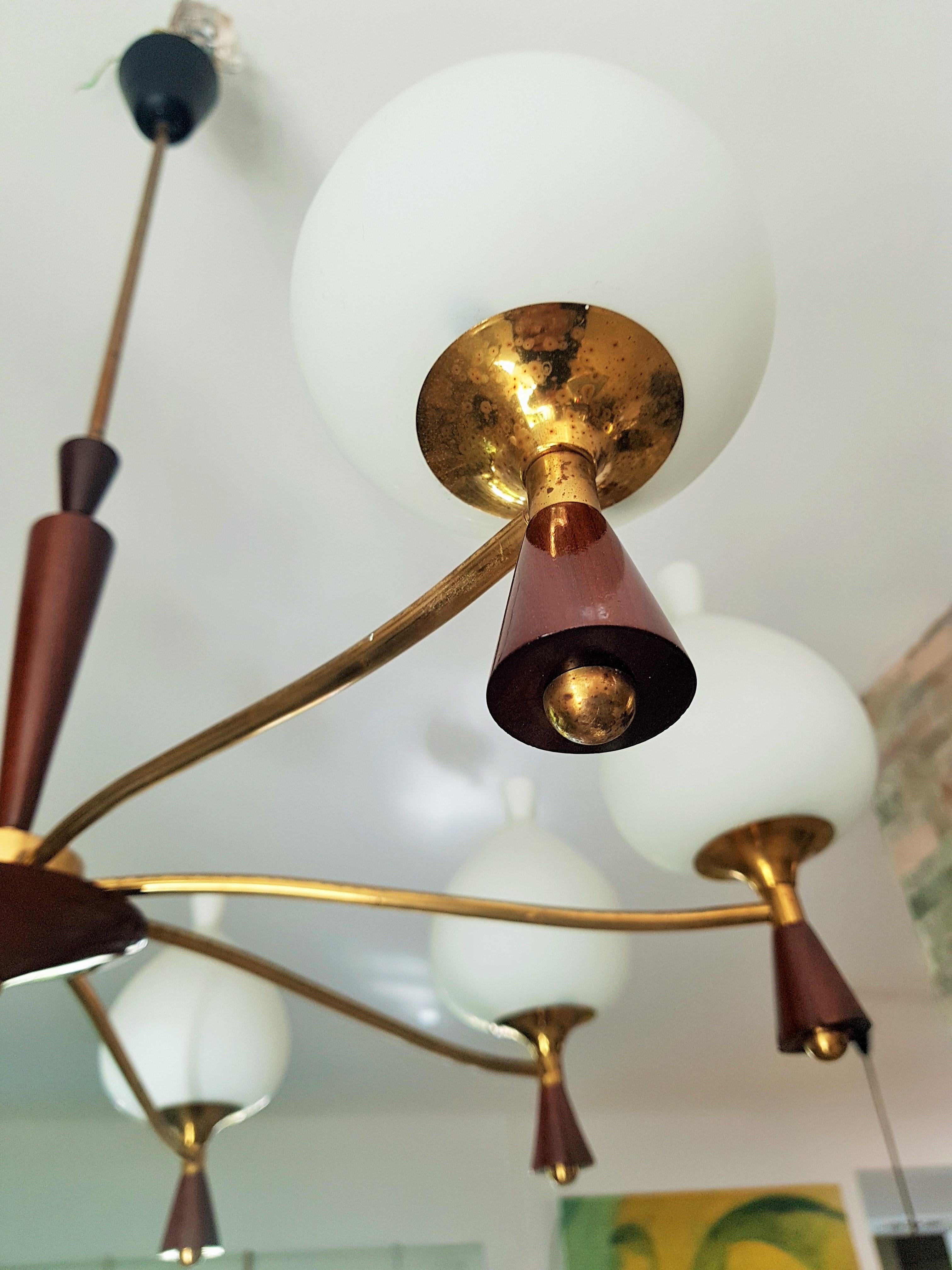 Midcentury Chandelier Style Sciolari, Brass and Wood, Italy, 1950s For Sale 11