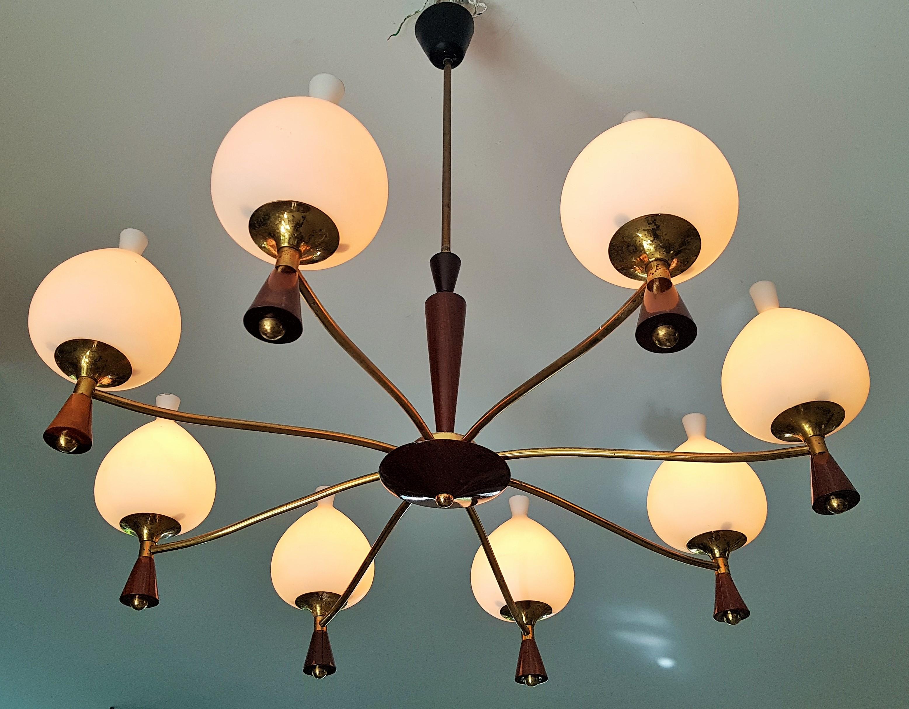 Midcentury Chandelier Style Sciolari, Brass and Wood, Italy, 1950s For Sale 2