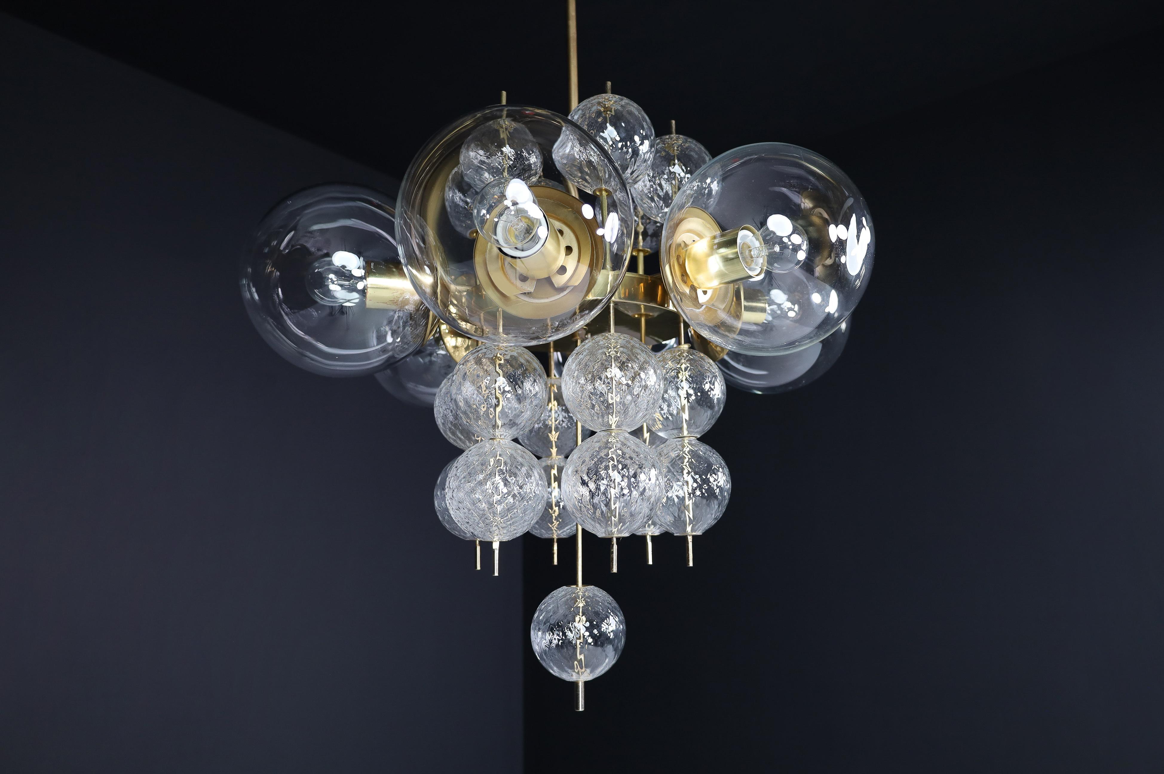 Mid-Century Chandelier with Brass Fixture and  Glass Globes by Preciosa, Czechia For Sale 6