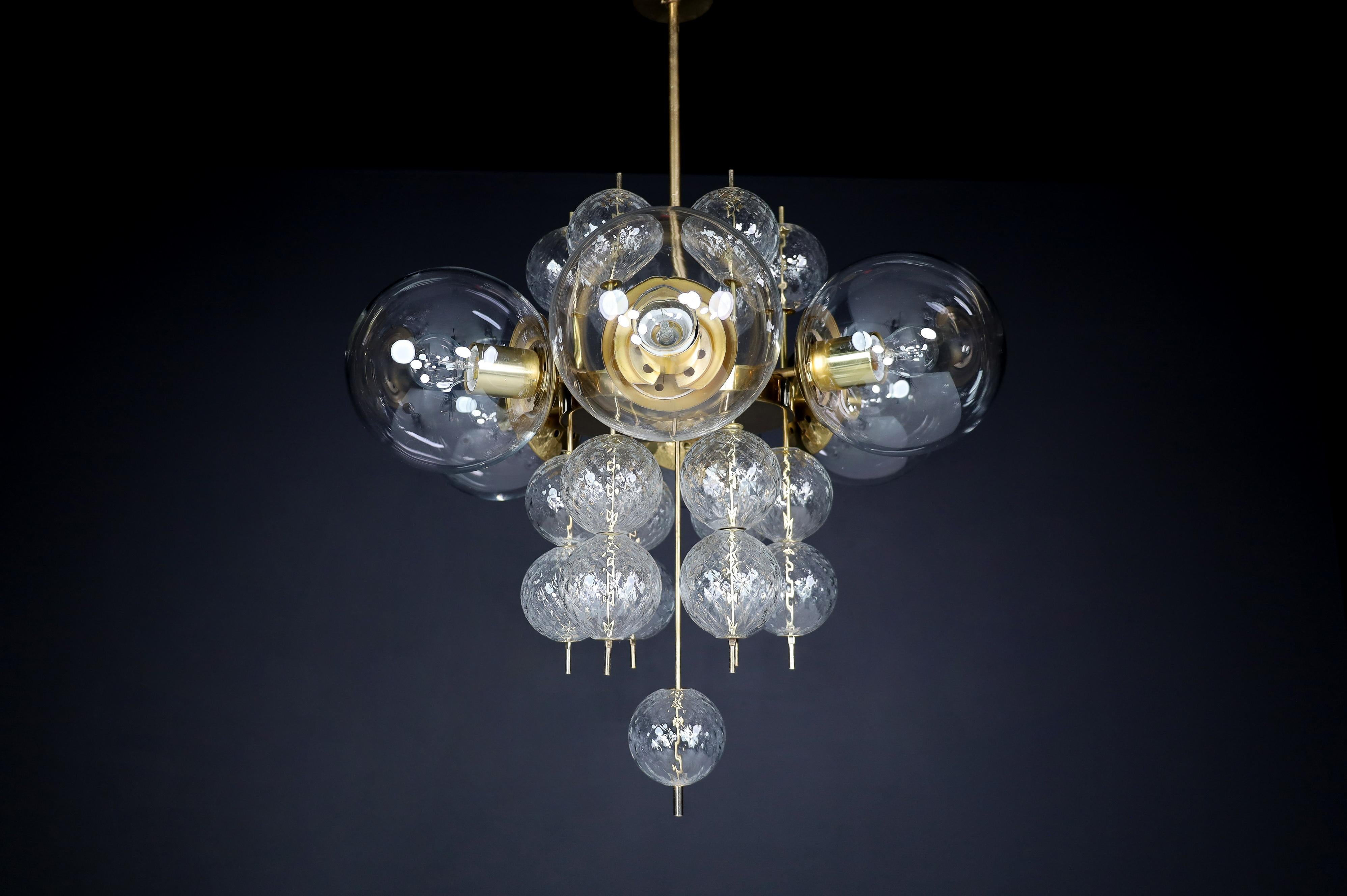 Mid-Century Chandelier with Brass Fixture and  Glass Globes by Preciosa, Czechia For Sale 7