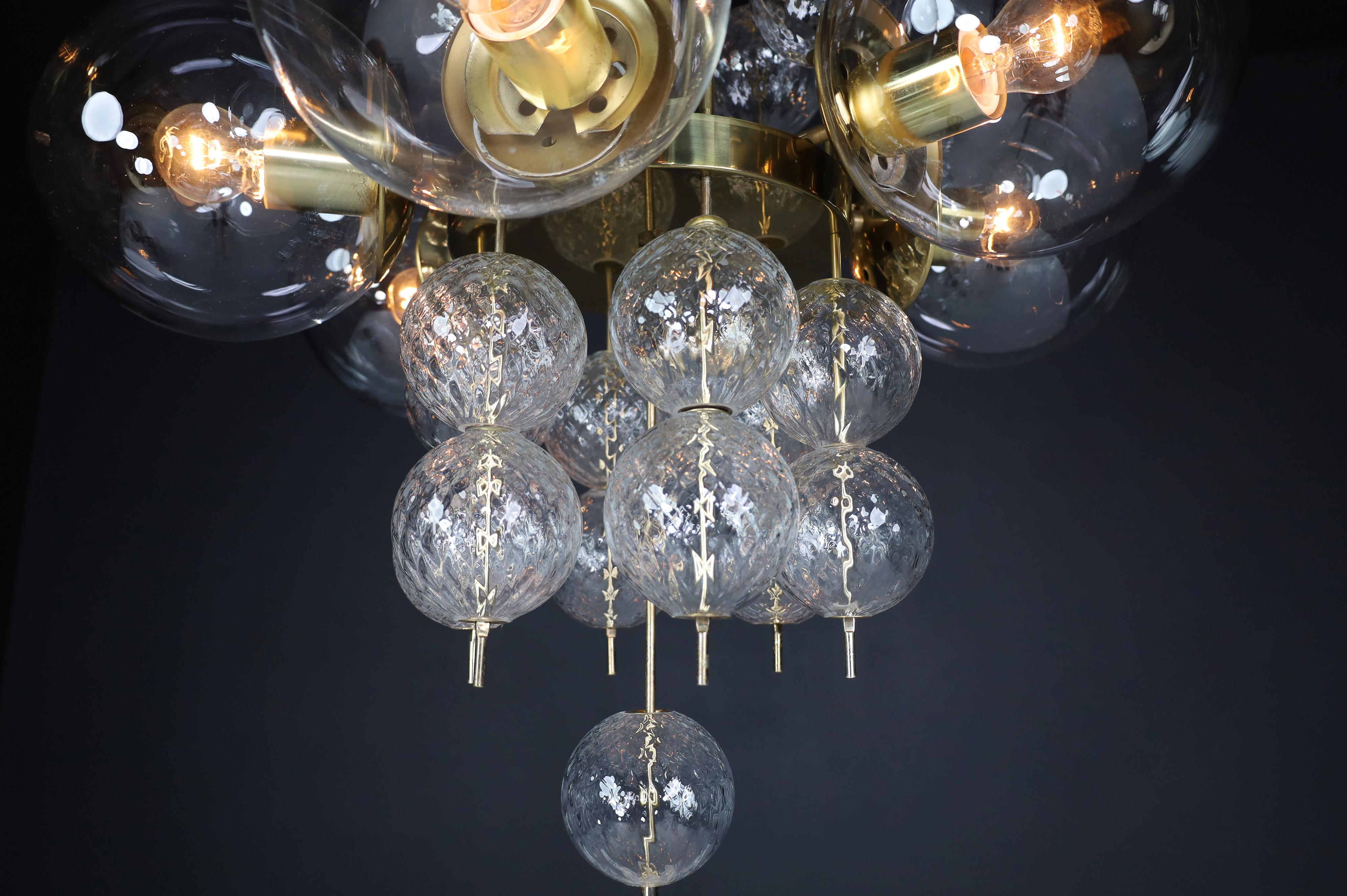 Mid-Century Chandelier with Brass Fixture and  Glass Globes by Preciosa, Czechia For Sale 8