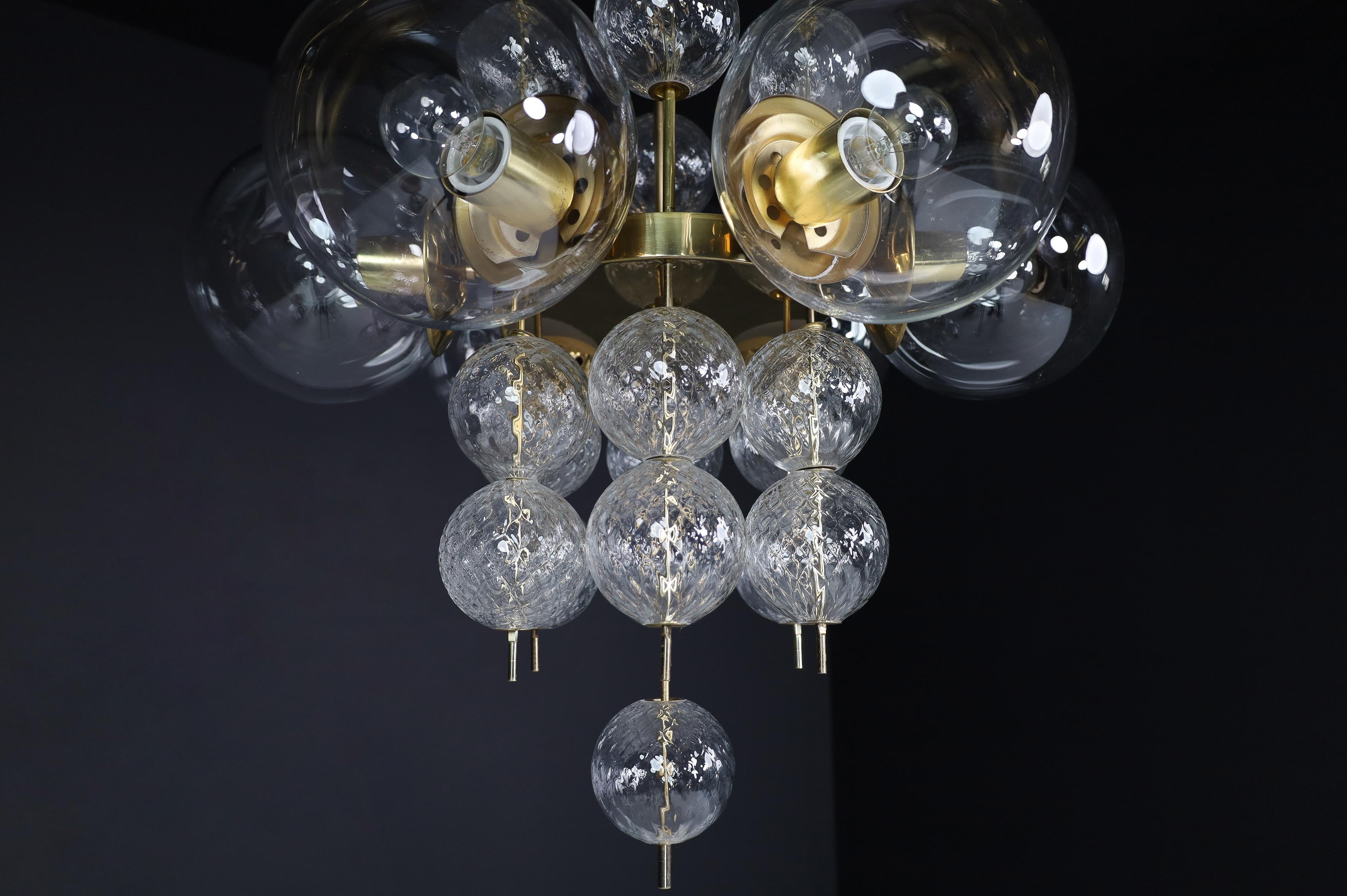 Mid-Century Chandelier with Brass Fixture and  Glass Globes by Preciosa, Czechia For Sale 9
