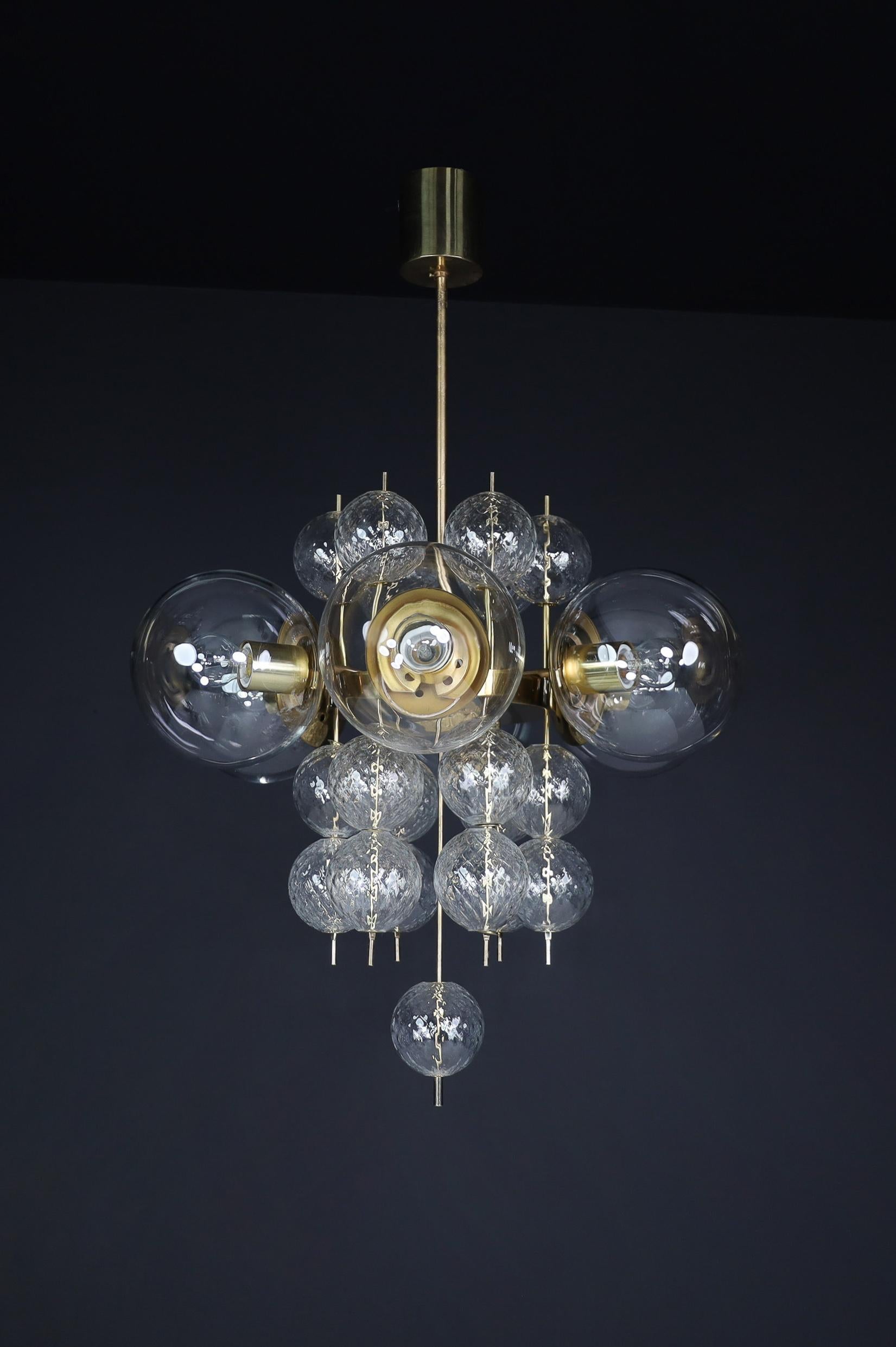 Mid-Century Chandelier with Brass Fixture and  Glass Globes by Preciosa, Czechia For Sale 10