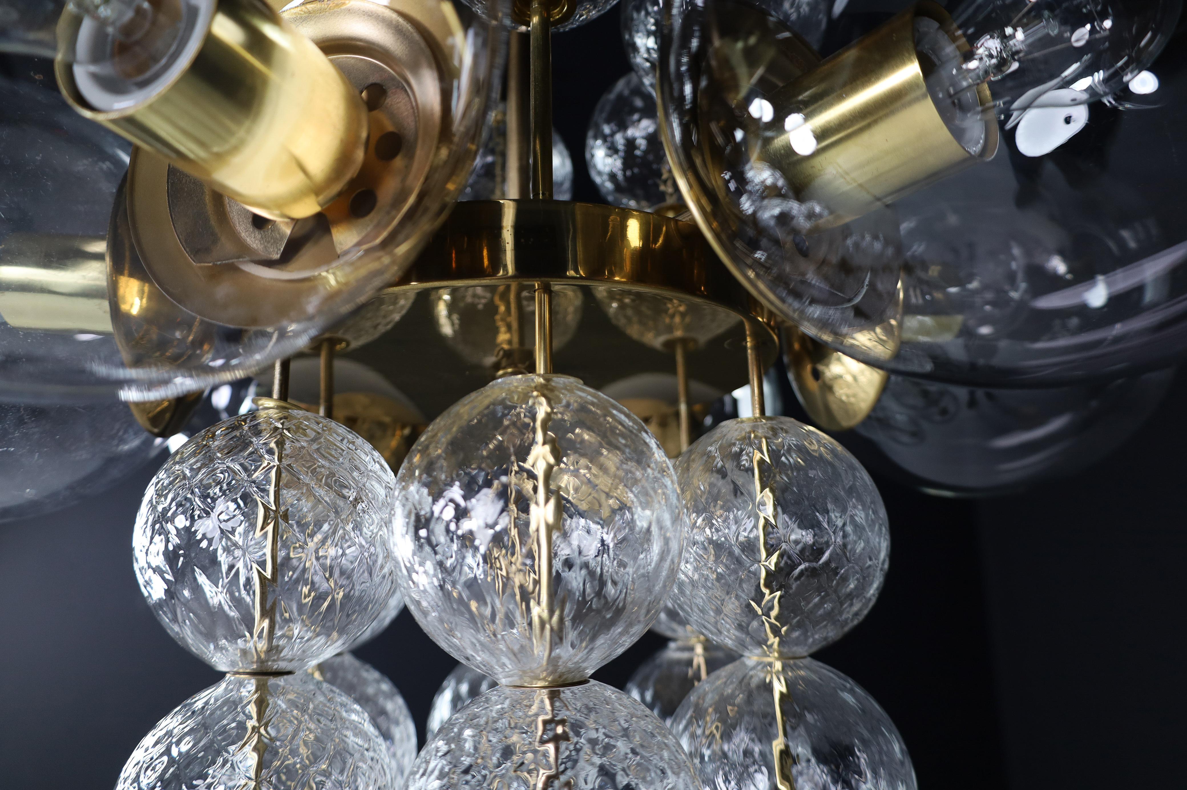 Mid-Century Modern Mid-Century Chandelier with Brass Fixture and  Glass Globes by Preciosa, Czechia For Sale