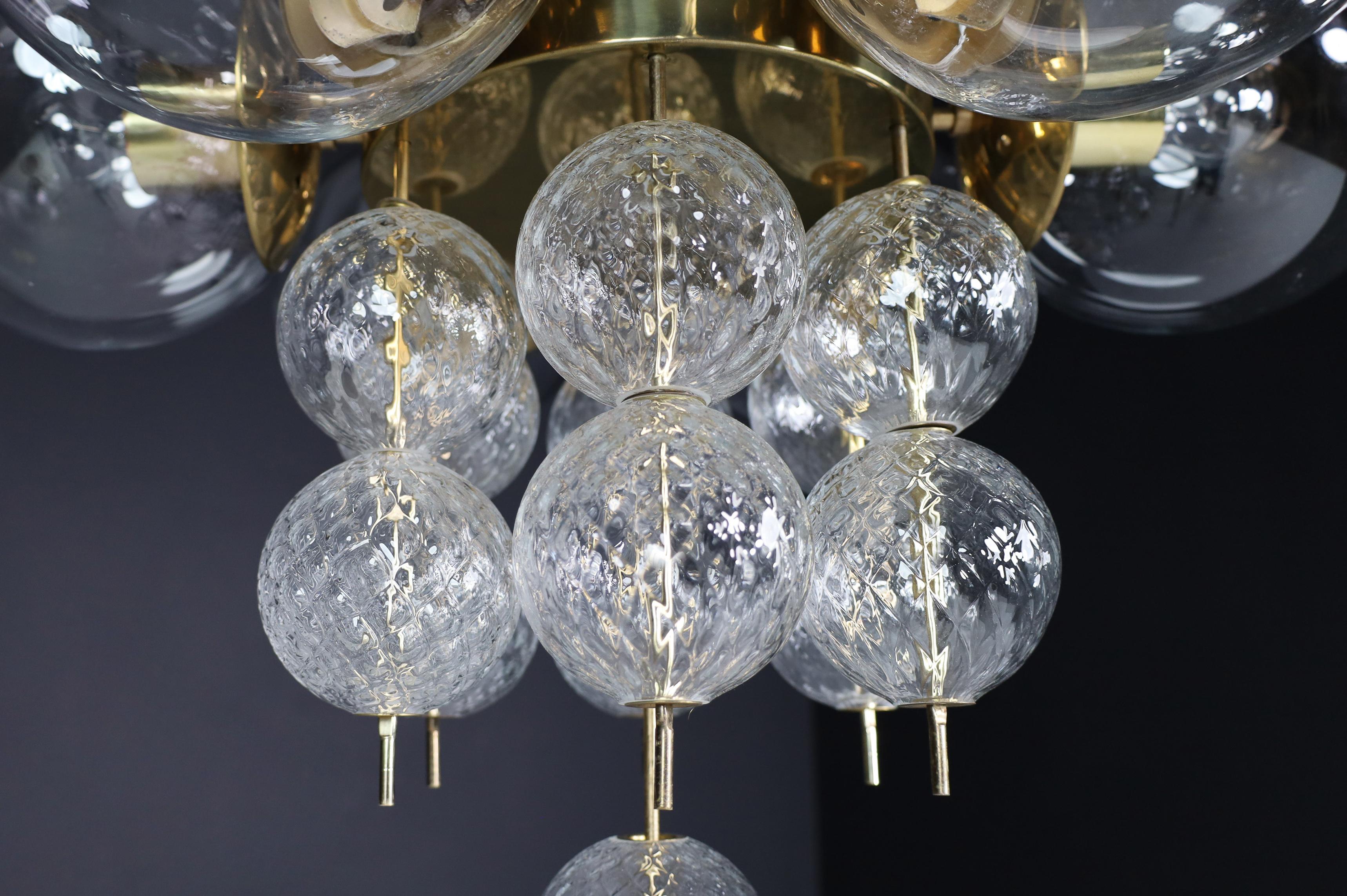 Mid-Century Chandelier with Brass Fixture and  Glass Globes by Preciosa, Czechia In Good Condition For Sale In Almelo, NL