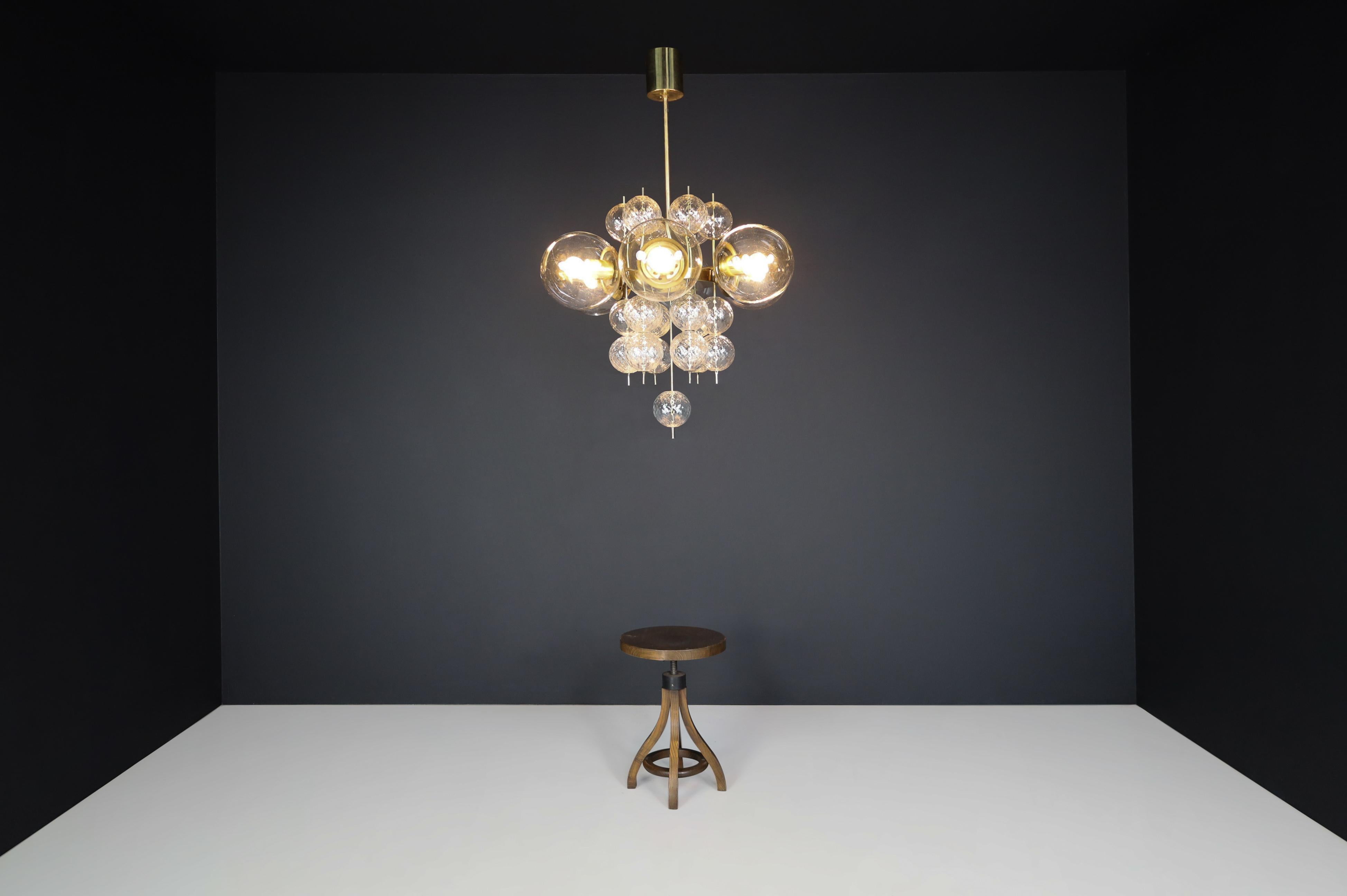 20th Century Mid-Century Chandelier with Brass Fixture and  Glass Globes by Preciosa, Czechia For Sale
