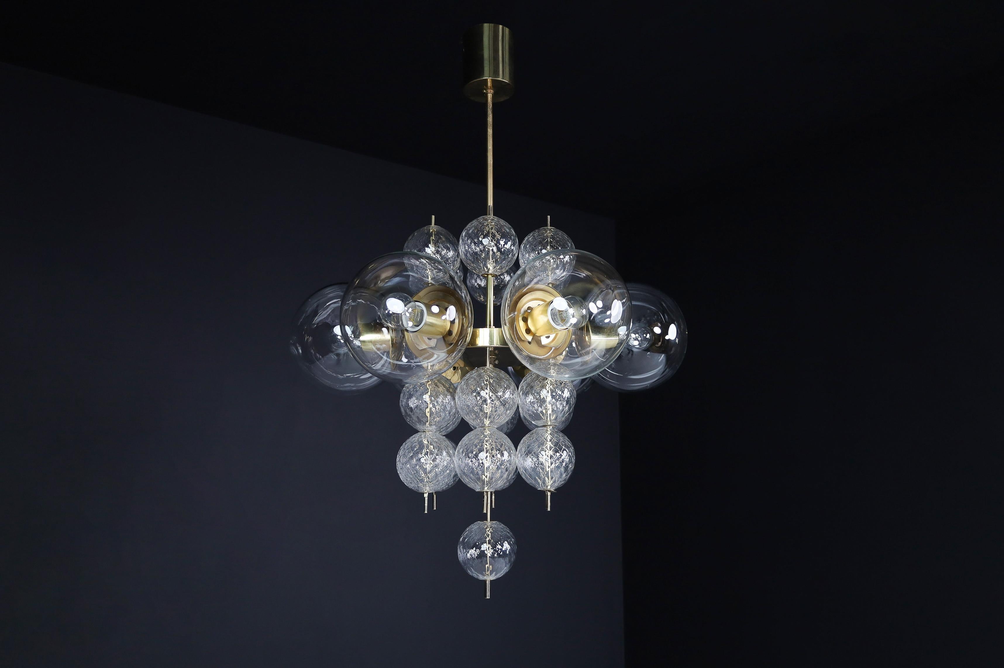 Mid-Century Chandelier with Brass Fixture and  Glass Globes by Preciosa, Czechia For Sale 1