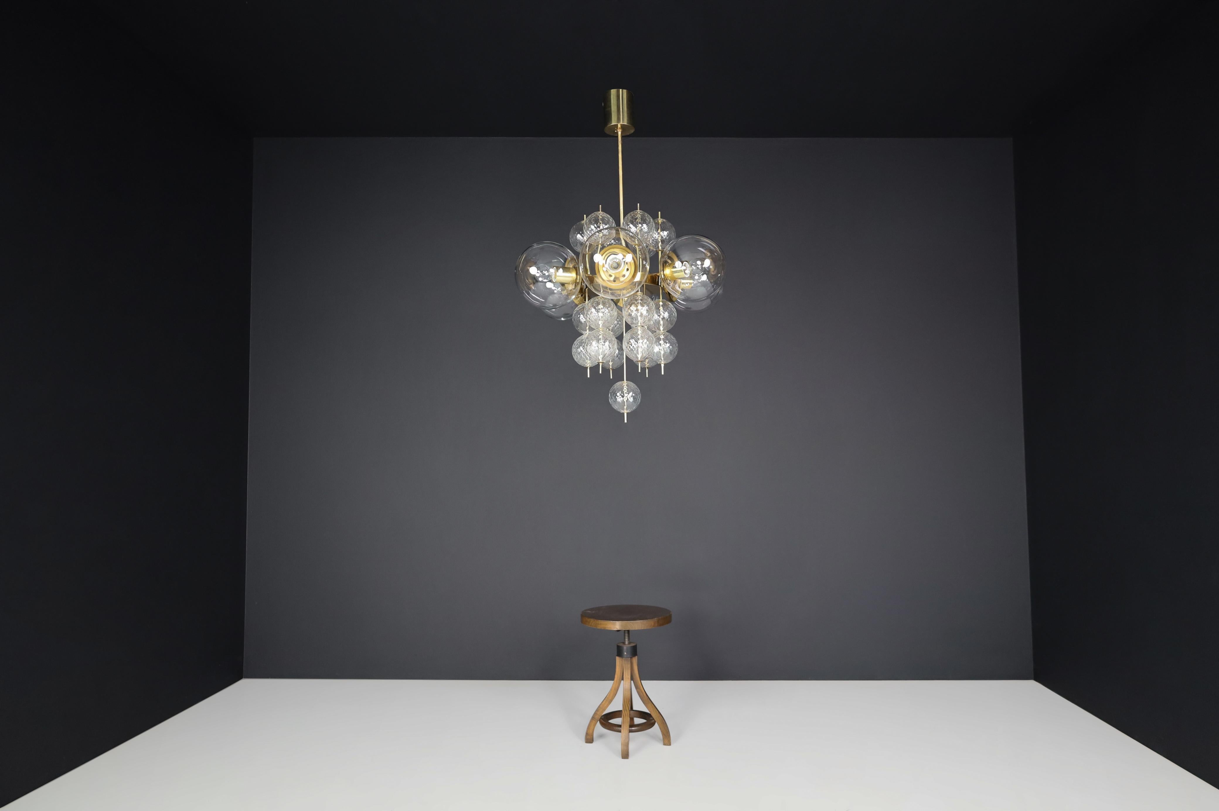 Mid-Century Chandelier with Brass Fixture and  Glass Globes by Preciosa, Czechia For Sale 2
