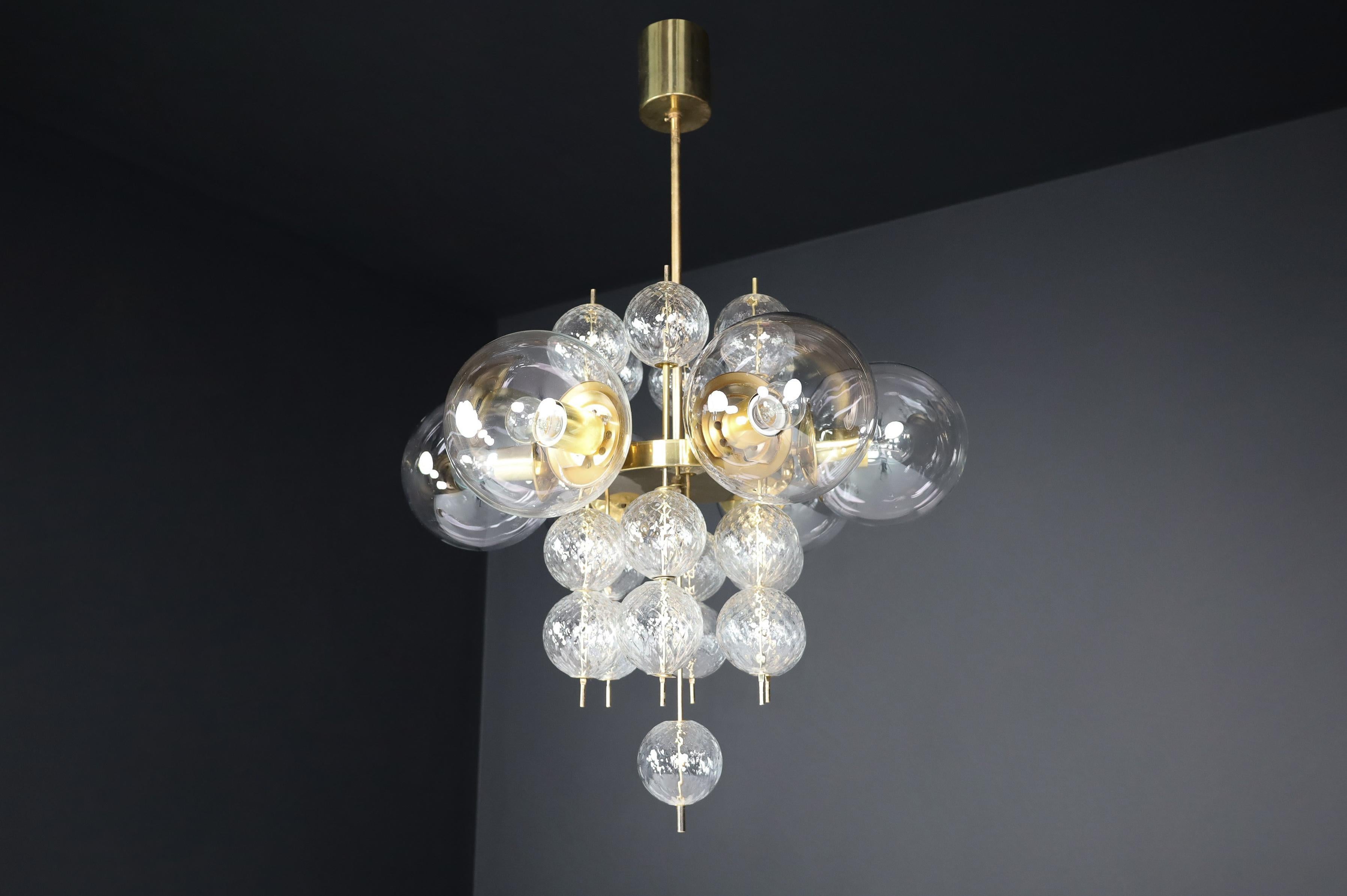 Mid-Century Chandelier with Brass Fixture and  Glass Globes by Preciosa, Czechia For Sale 3