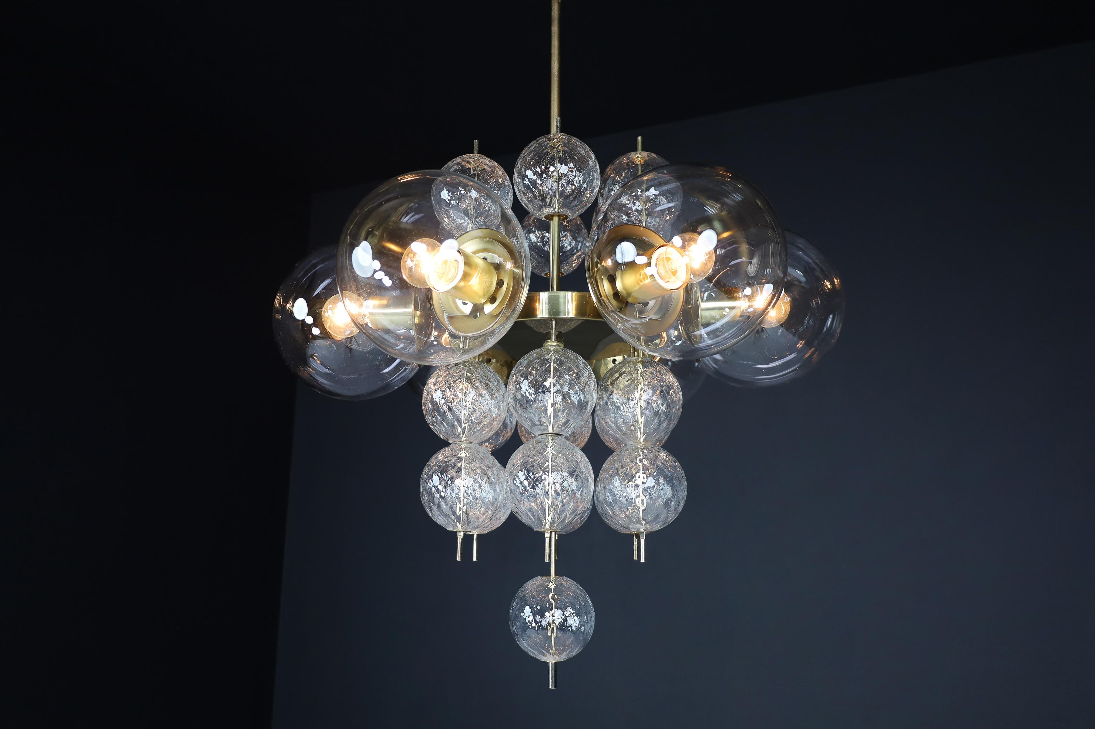 Mid-Century Chandelier with Brass Fixture and  Glass Globes by Preciosa, Czechia For Sale 4