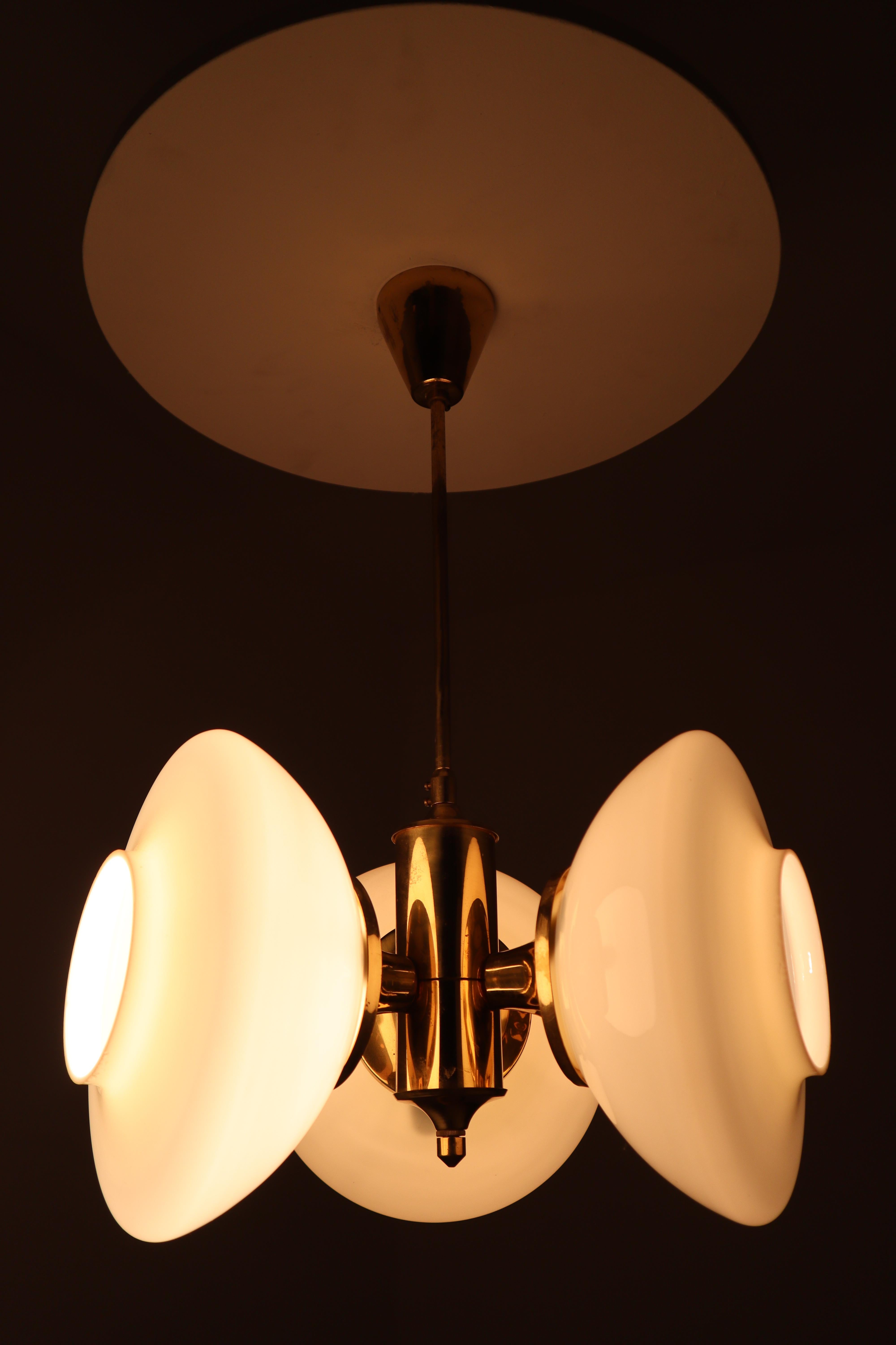 Midcentury Chandelier with Brass Fixture and Opaline Glass, Austria, 1960s In Good Condition In Almelo, NL