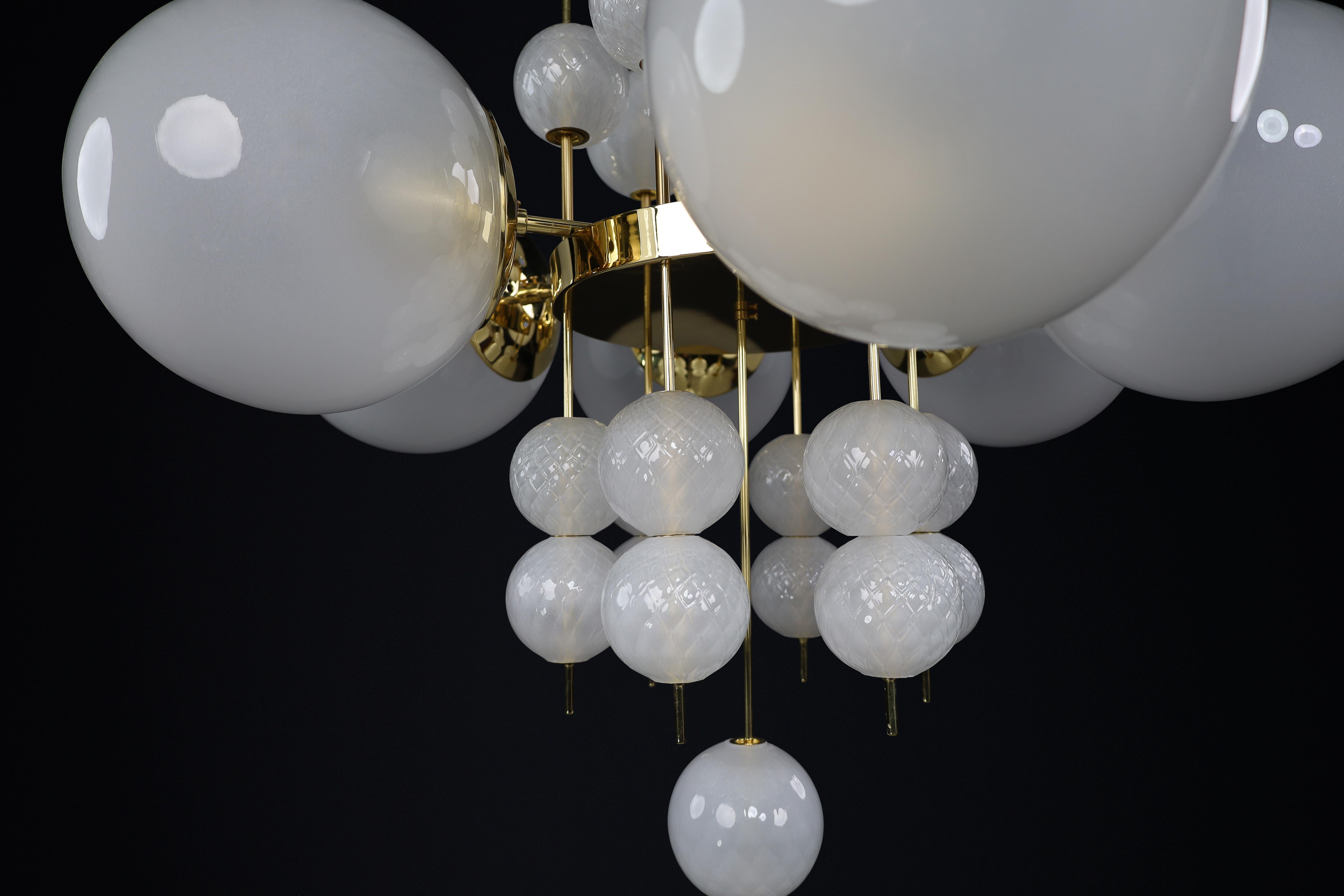 Mid-Century Chandelier with Brass Fixture & Hand-Blown Pearl-White Glass Globes For Sale 4