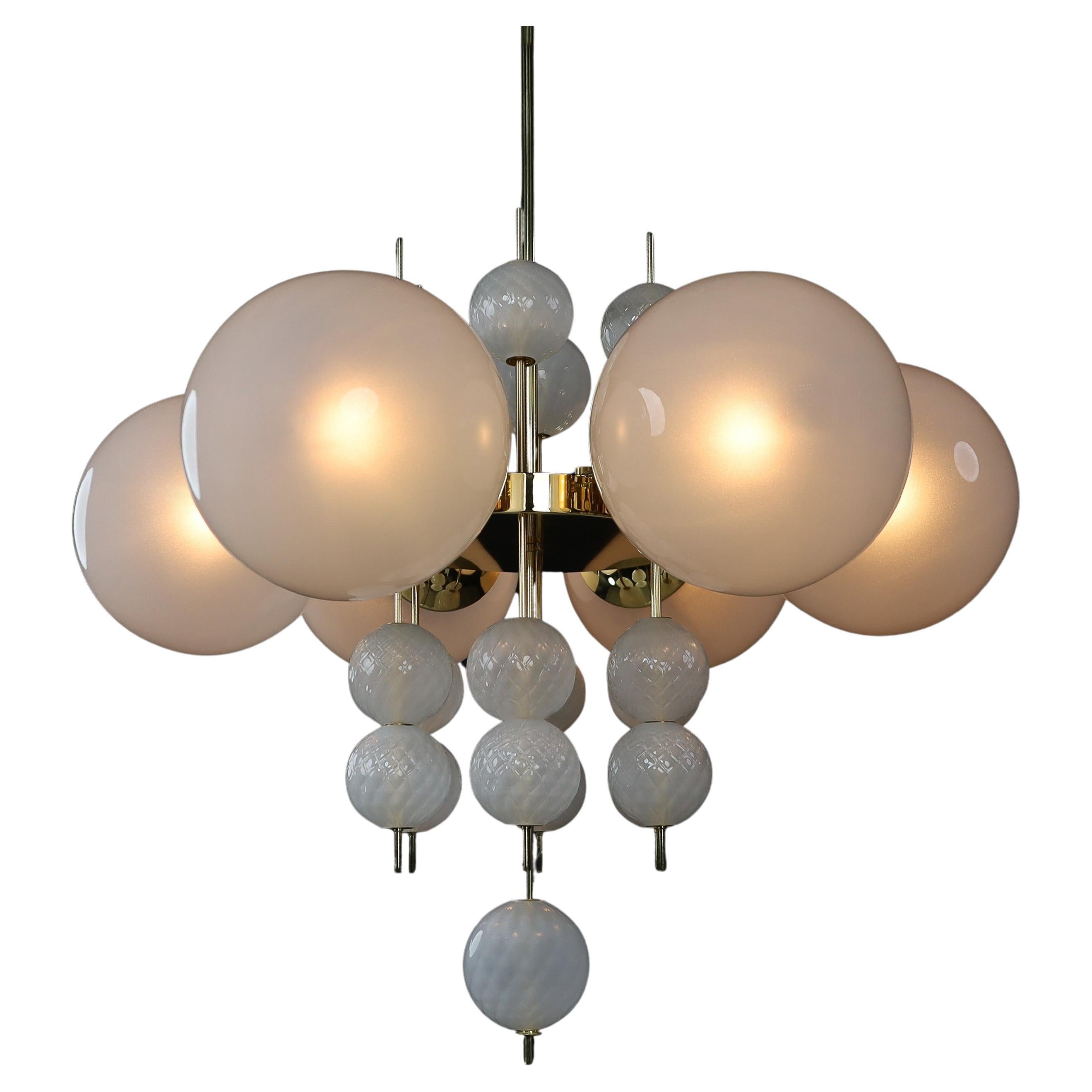 Mid-Century Chandelier with Brass Fixture & Hand-Blown Pearl-White Glass Globes