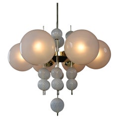 Mid-Century Chandelier with Brass Fixture & Hand-Blown Pearl-White Glass Globes