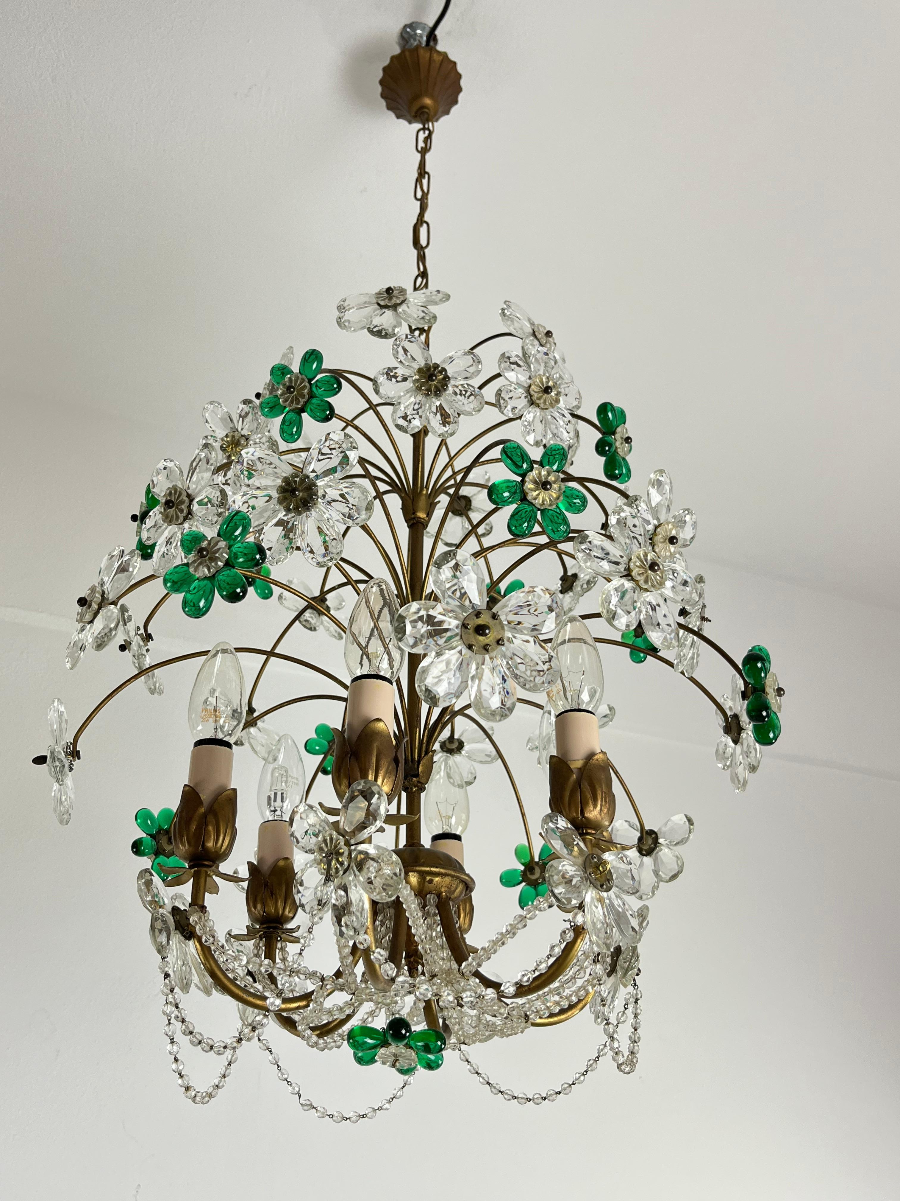 Metal Mid-Century Chandelier With Colored  Flowers In Murano Glass, 1960s For Sale