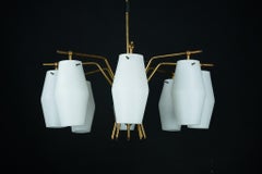 Mid-century chandelier with eight opaline glass shades in Stilnovo manner. 1950s
