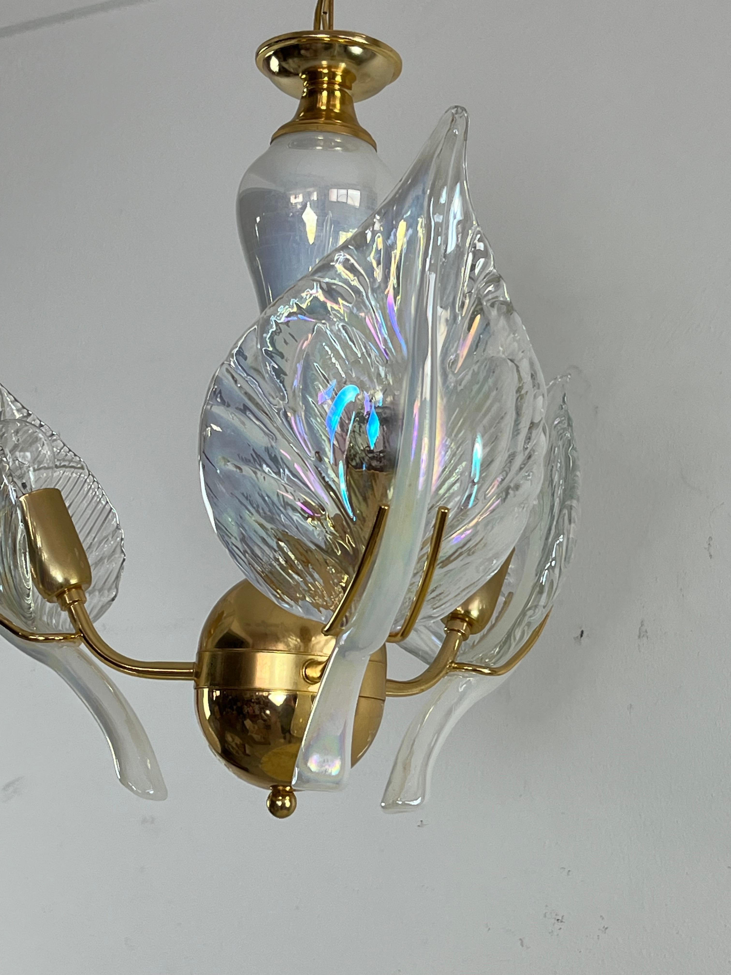 Italian Mid-Century Chandelier With Murano Glass Leaves, 1960s For Sale
