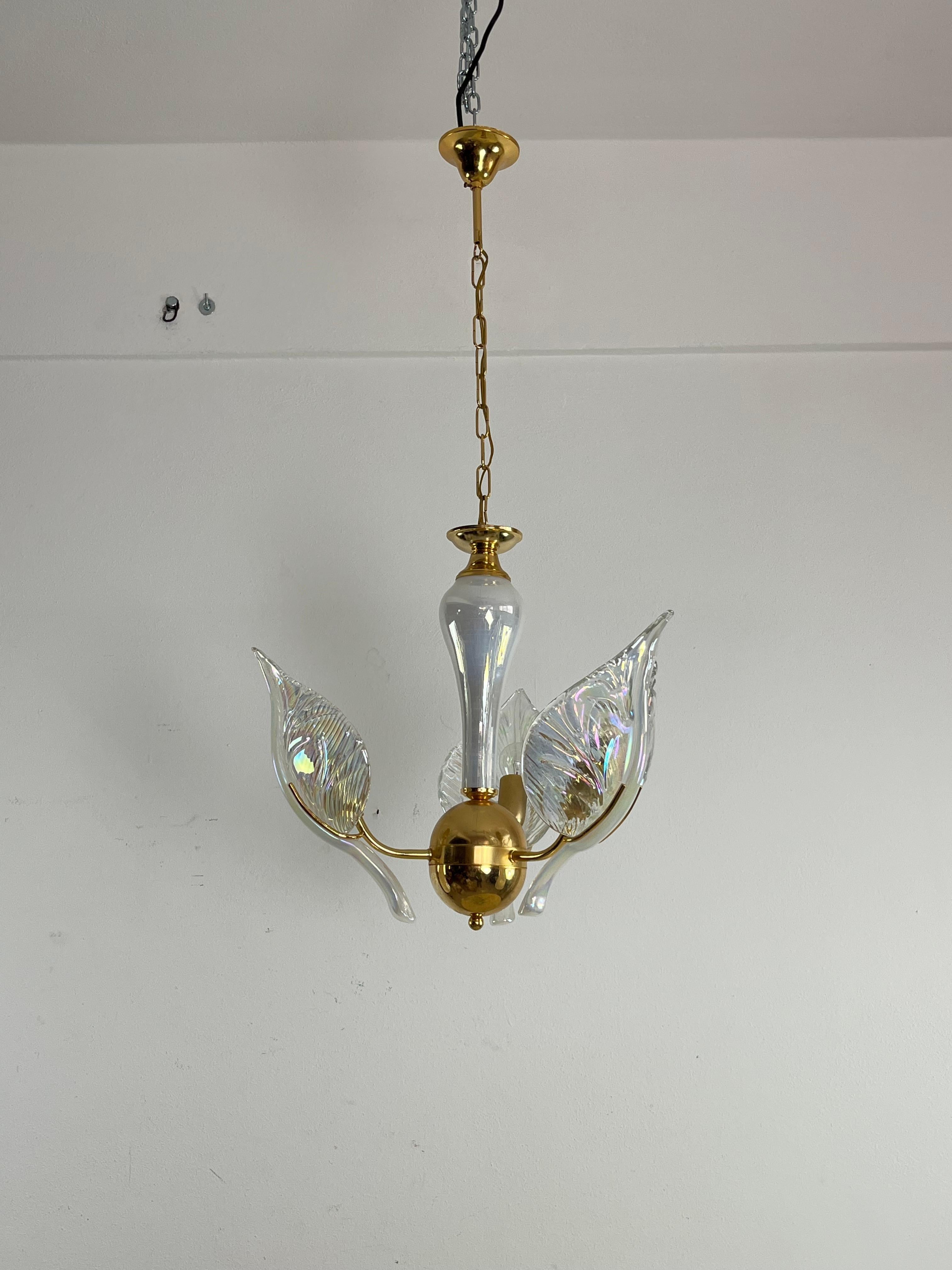 Metal Mid-Century Chandelier With Murano Glass Leaves, 1960s For Sale