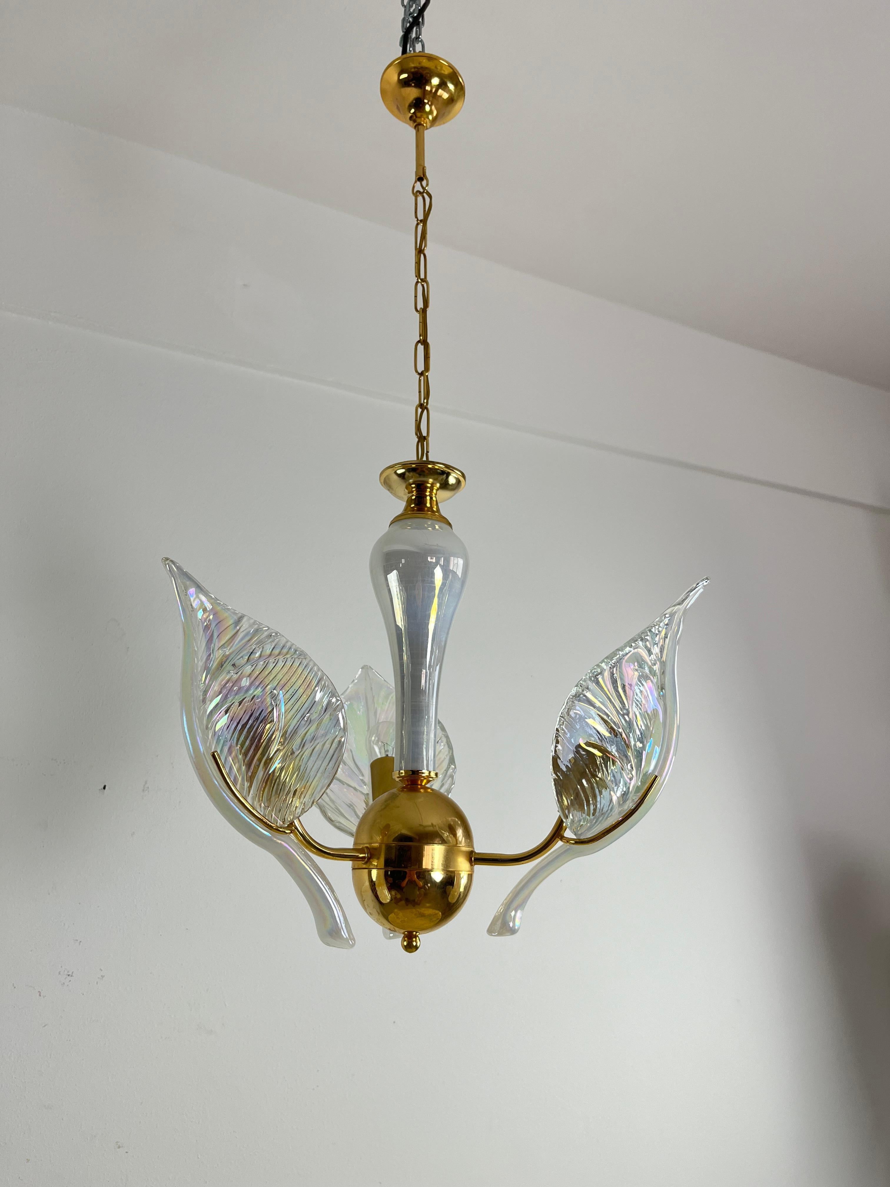 Mid-Century Chandelier With Murano Glass Leaves, 1960s For Sale 1