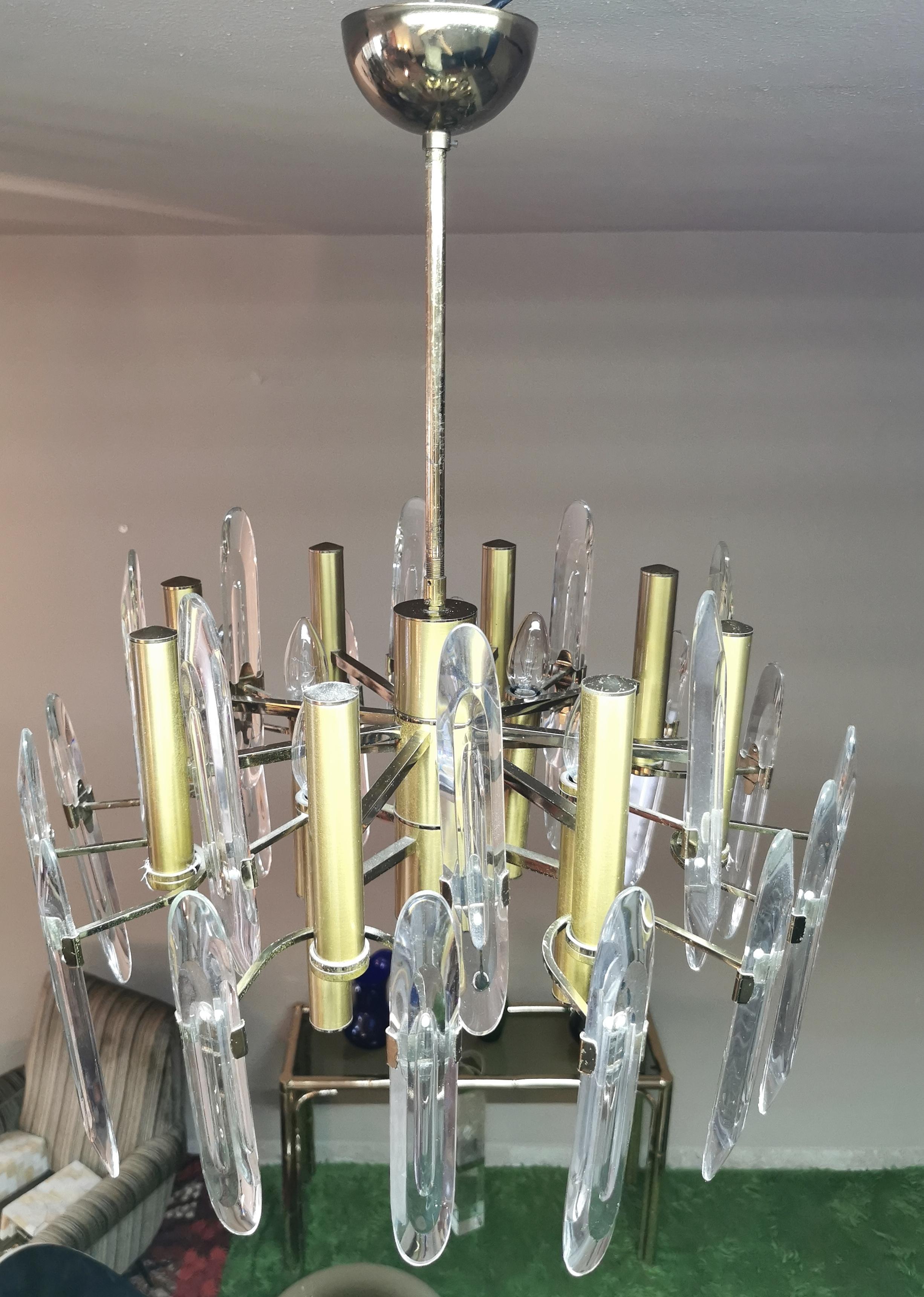 Mid Century Chandeliers Pendants Glass Brass Gaetano Sciolari Italy 70s Set of 2 4