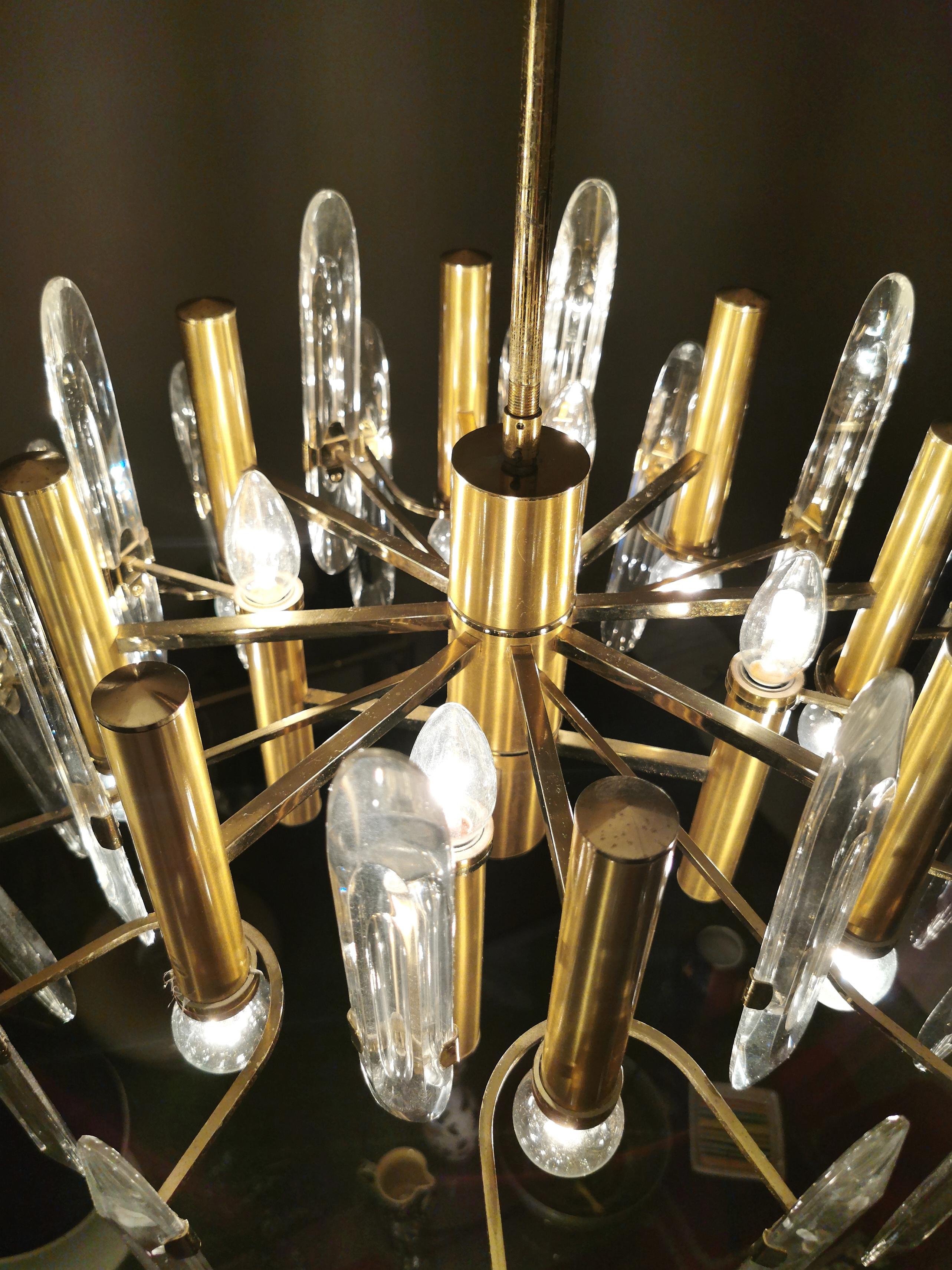 Mid Century Chandeliers Pendants Glass Brass Gaetano Sciolari Italy 70s Set of 2 5