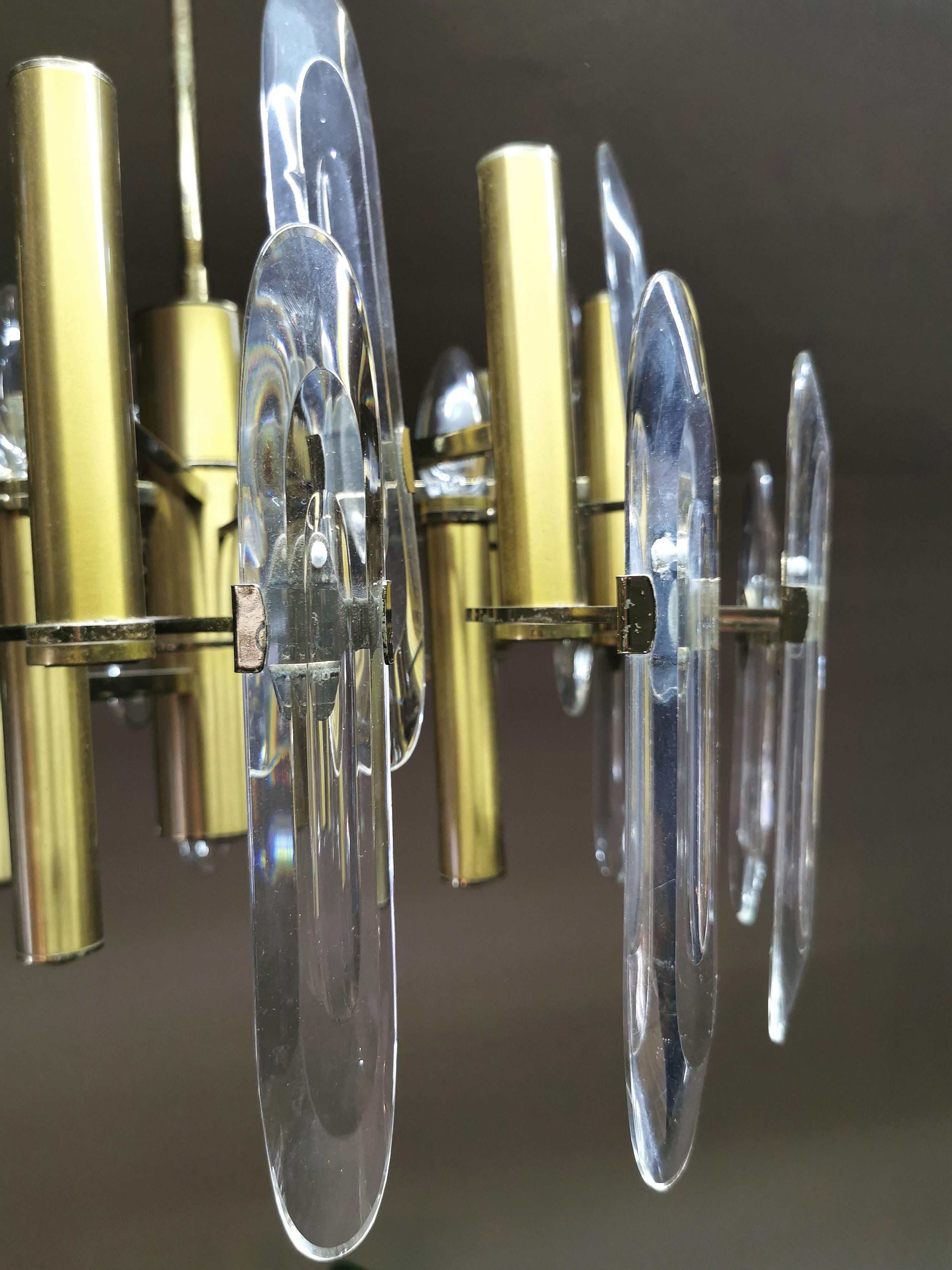 20th Century Mid Century Chandeliers Pendants Glass Brass Gaetano Sciolari Italy 70s Set of 2