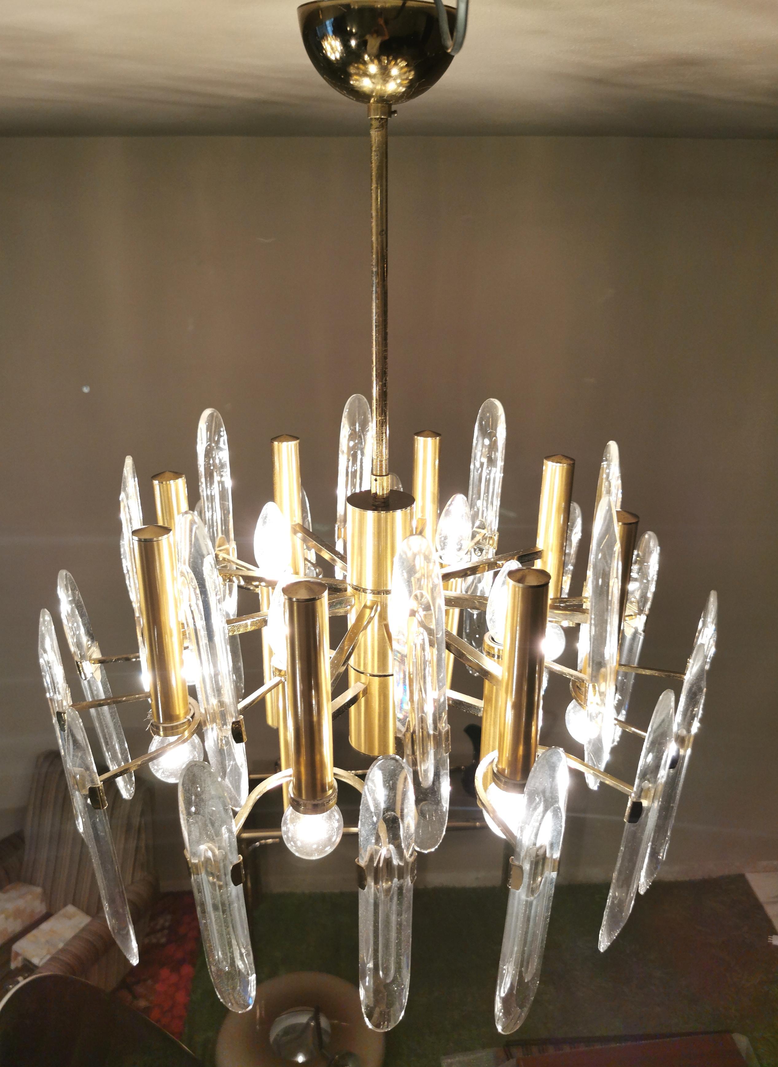 Mid Century Chandeliers Pendants Glass Brass Gaetano Sciolari Italy 70s Set of 2 3