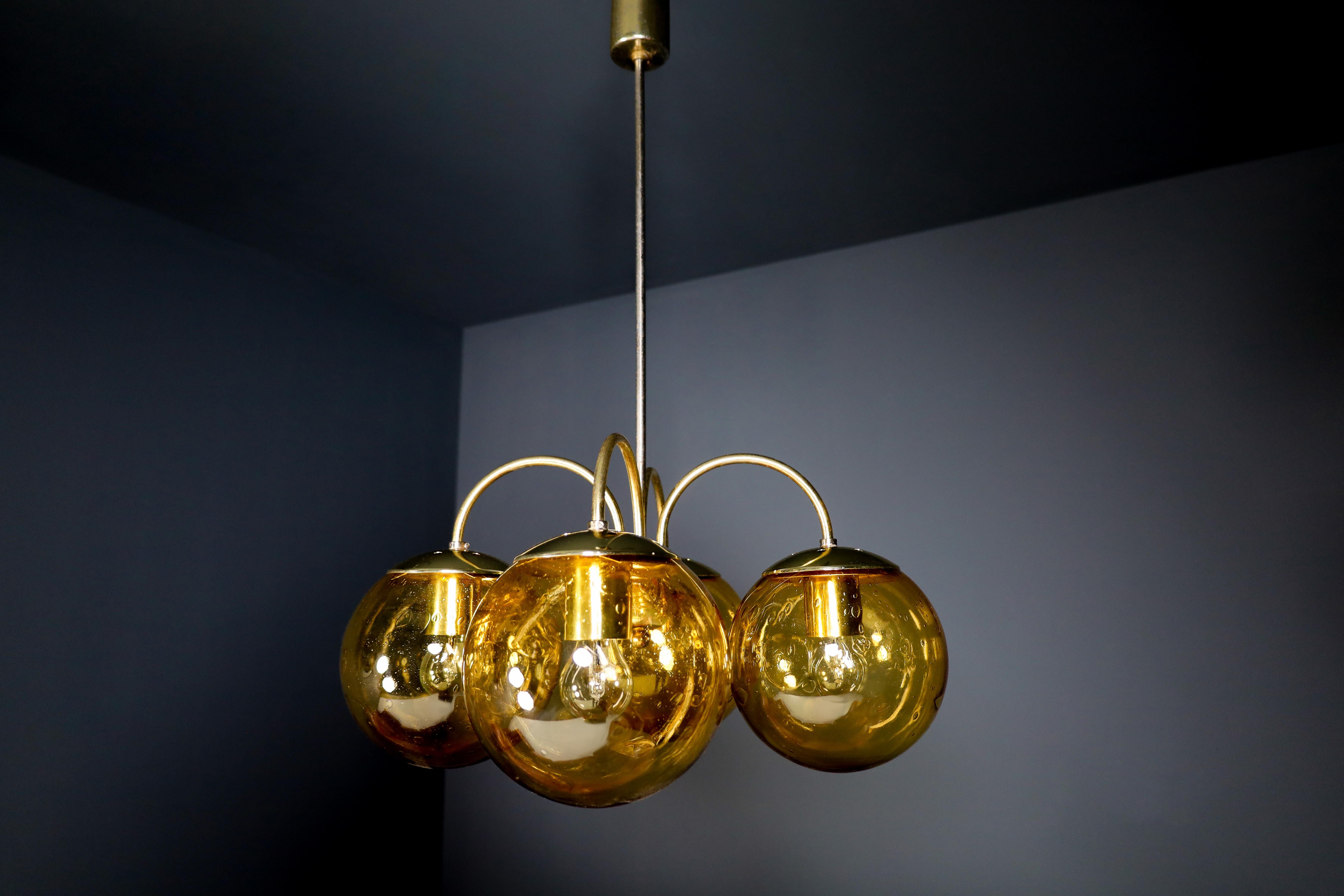 Mid-Century Modern Midcentury Chandeliers in Brass and Amber-Colored Glass Czech Republic, 1960s For Sale