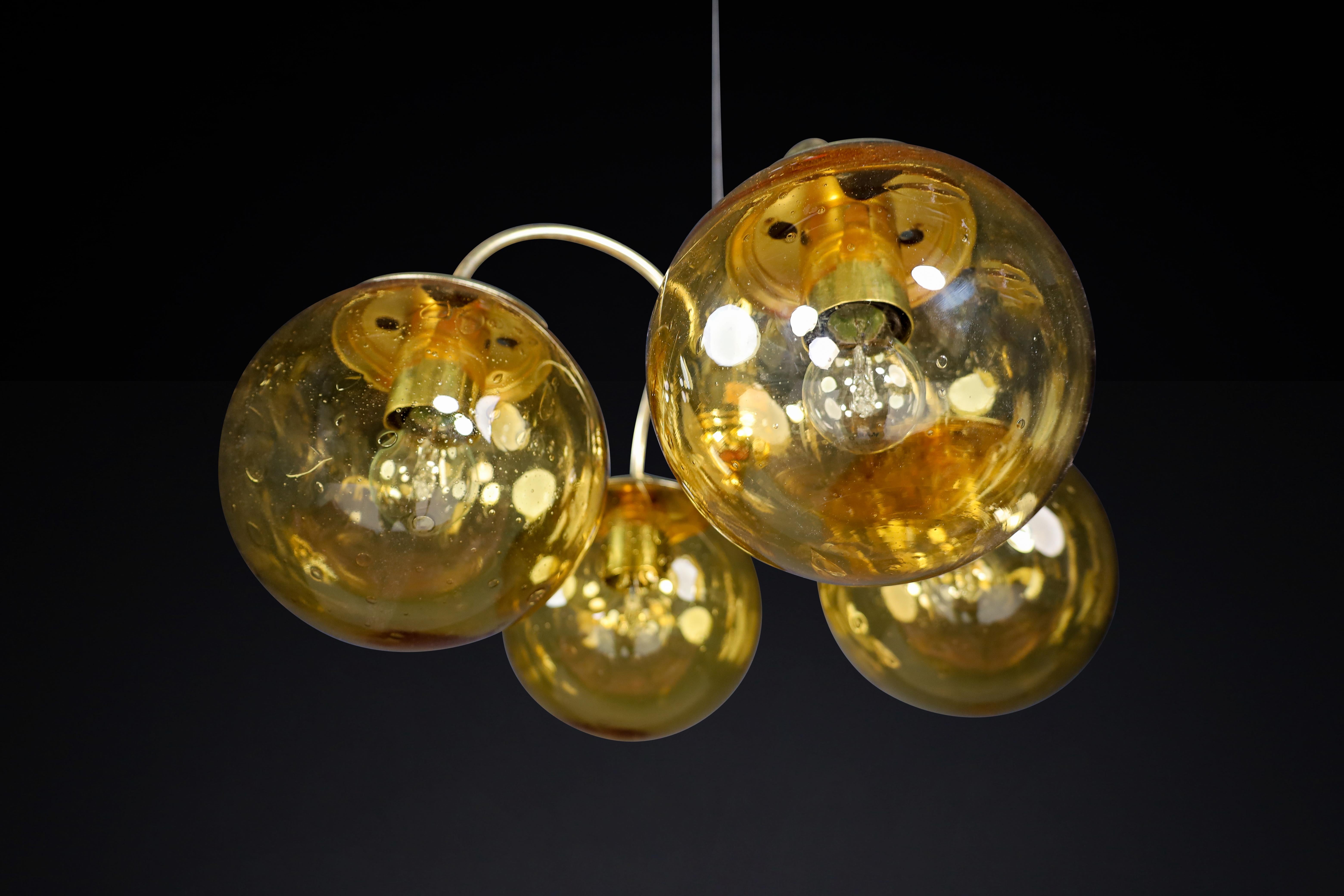 Midcentury Chandeliers in Brass and Amber-Colored Glass Czech Republic, 1960s In Good Condition For Sale In Almelo, NL