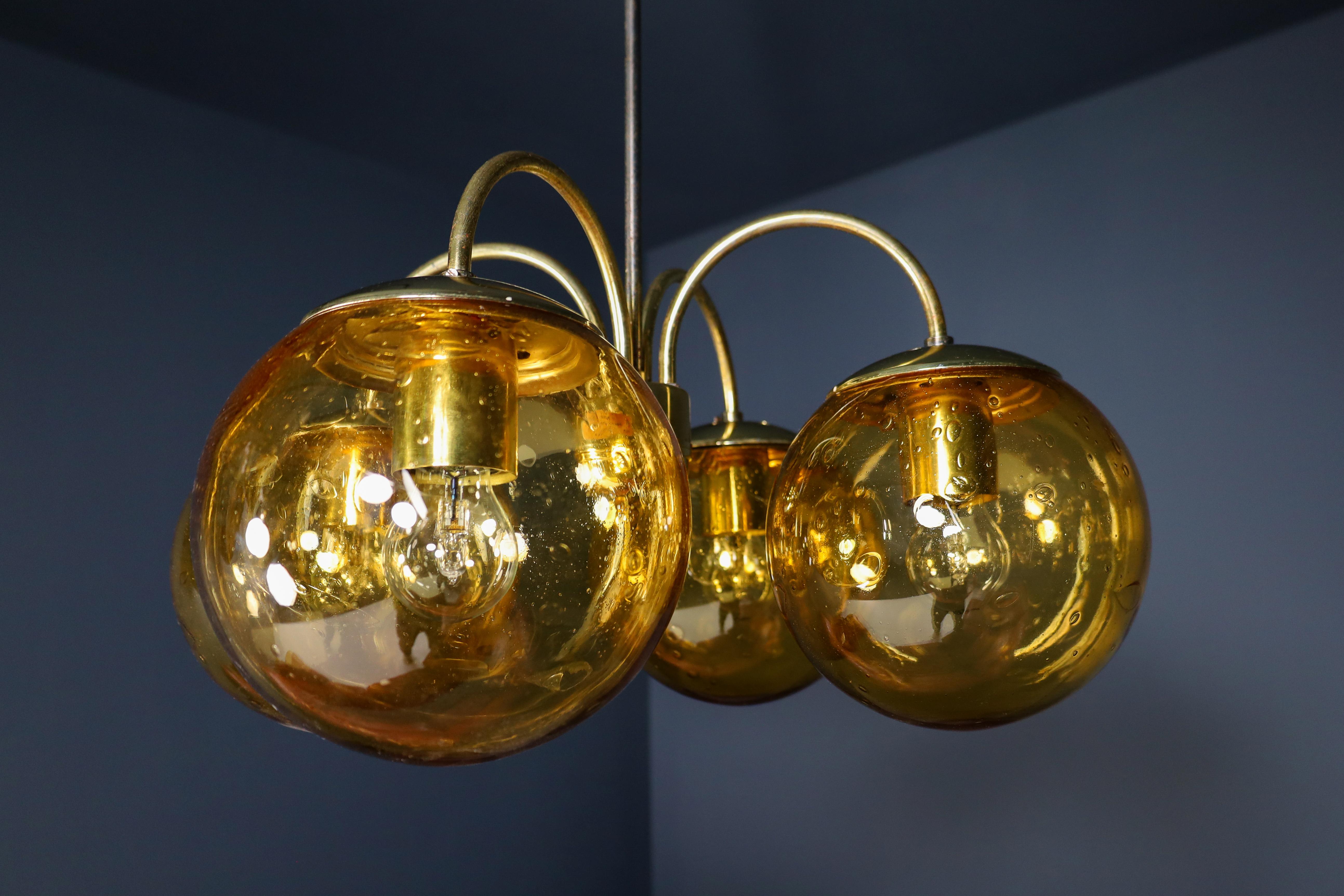 Mid-20th Century Midcentury Chandeliers in Brass and Amber-Colored Glass Czech Republic, 1960s For Sale