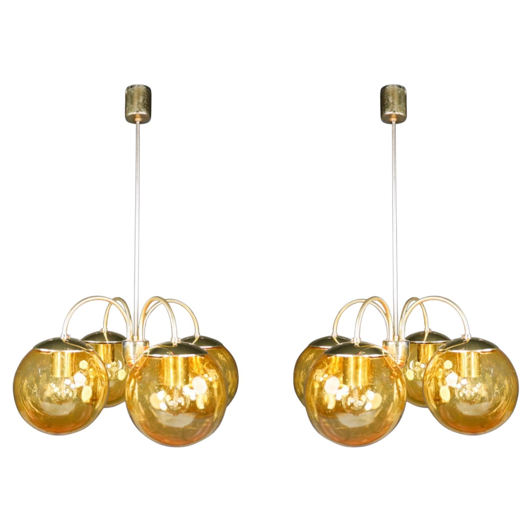 Midcentury Chandeliers in Brass and Amber-Colored Glass Czech Republic, 1960s For Sale
