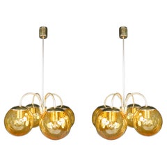 Midcentury Chandeliers in Brass and Amber-Colored Glass Czech Republic, 1960s