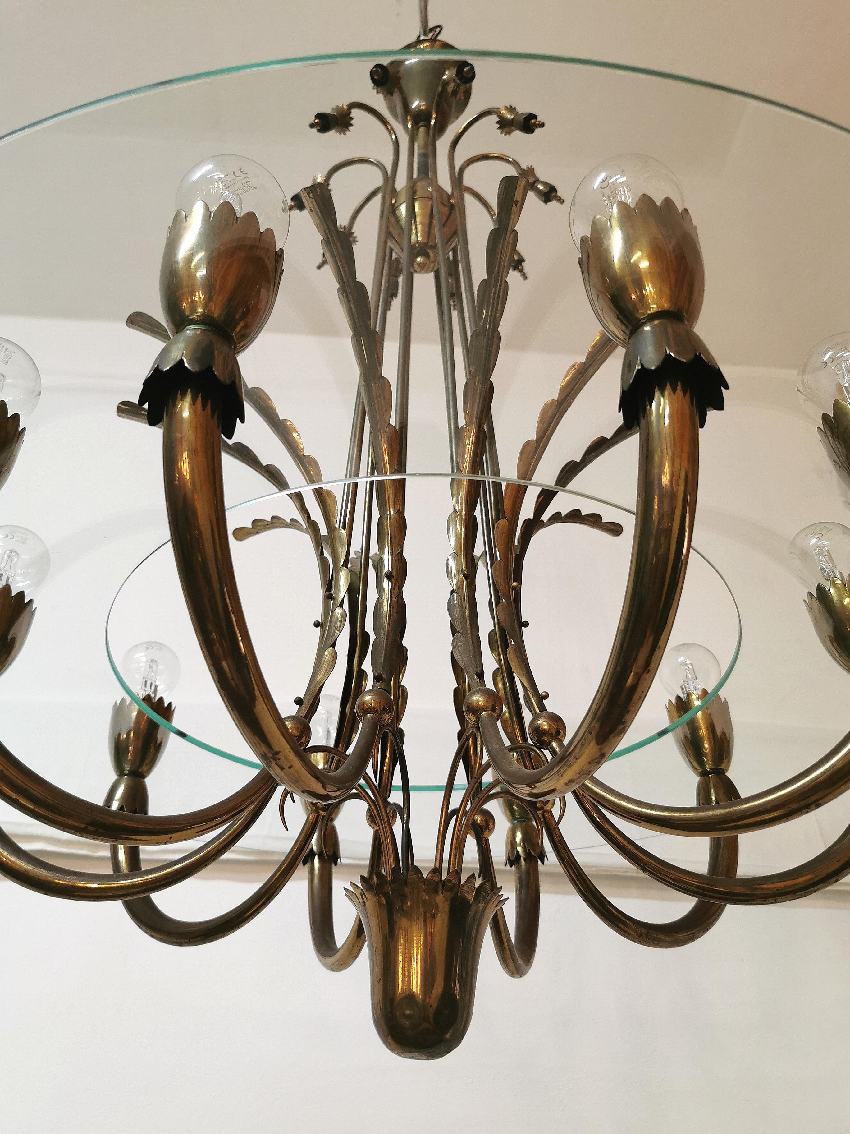 Midcentury Chandeliers Pendants Brass Monumental Round Glass Italy 1940 Set of 2 4