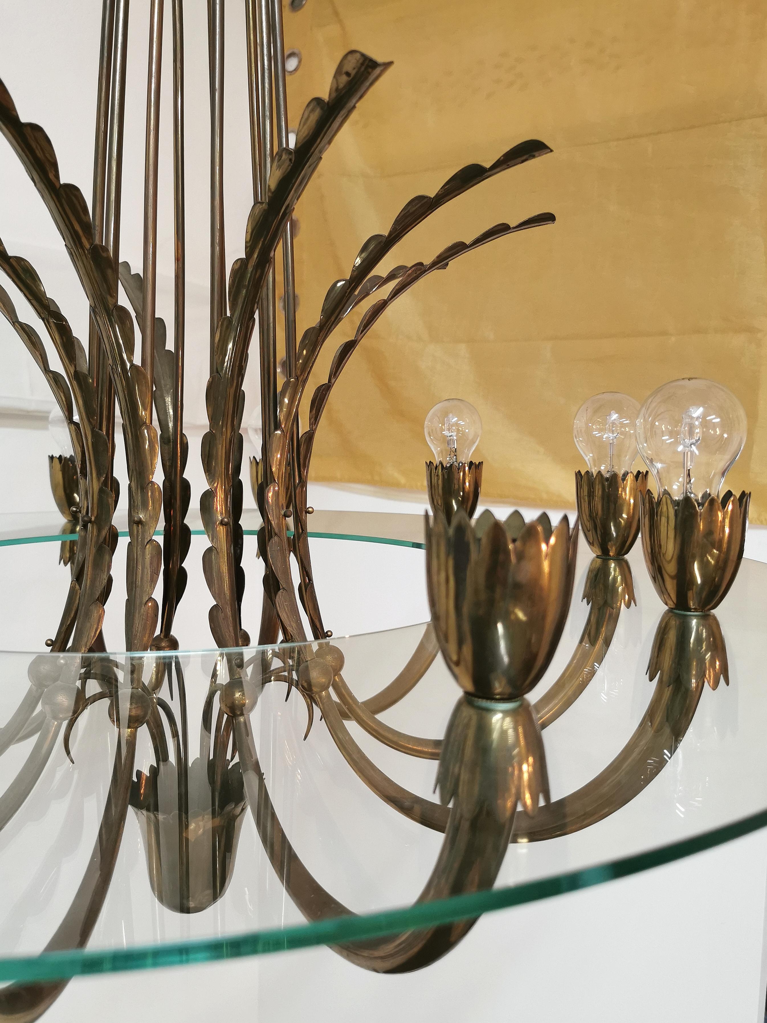 Midcentury Chandeliers Pendants Brass Monumental Round Glass Italy 1940 Set of 2 5