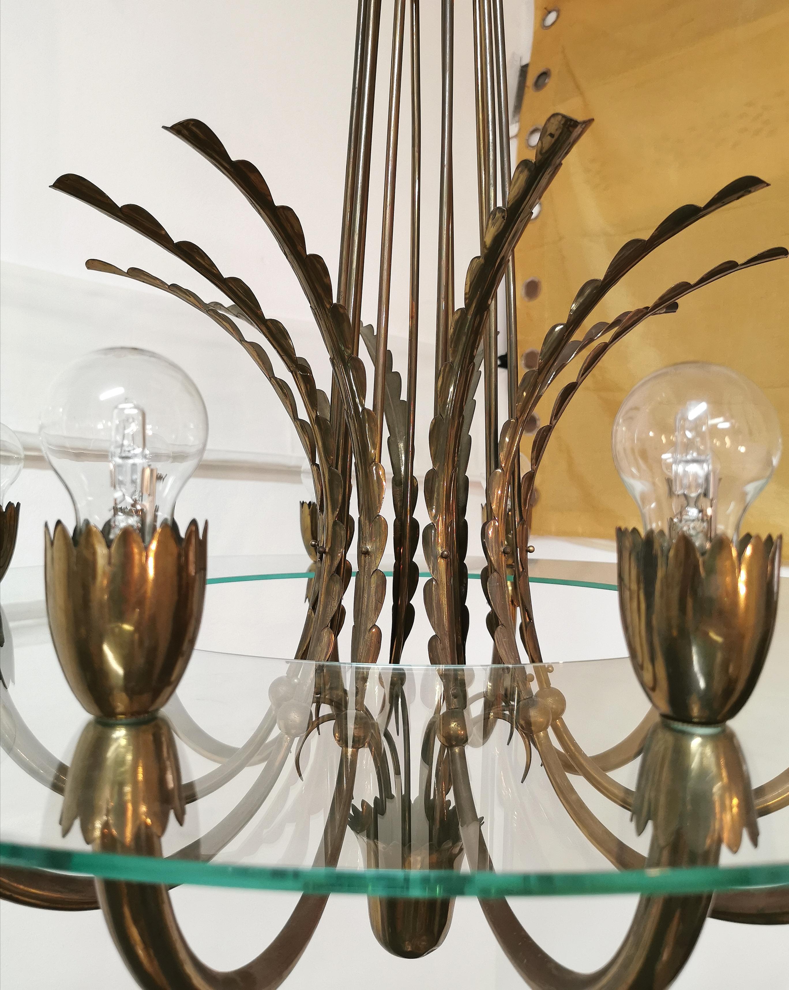 Midcentury Chandeliers Pendants Brass Monumental Round Glass Italy 1940 Set of 2 6