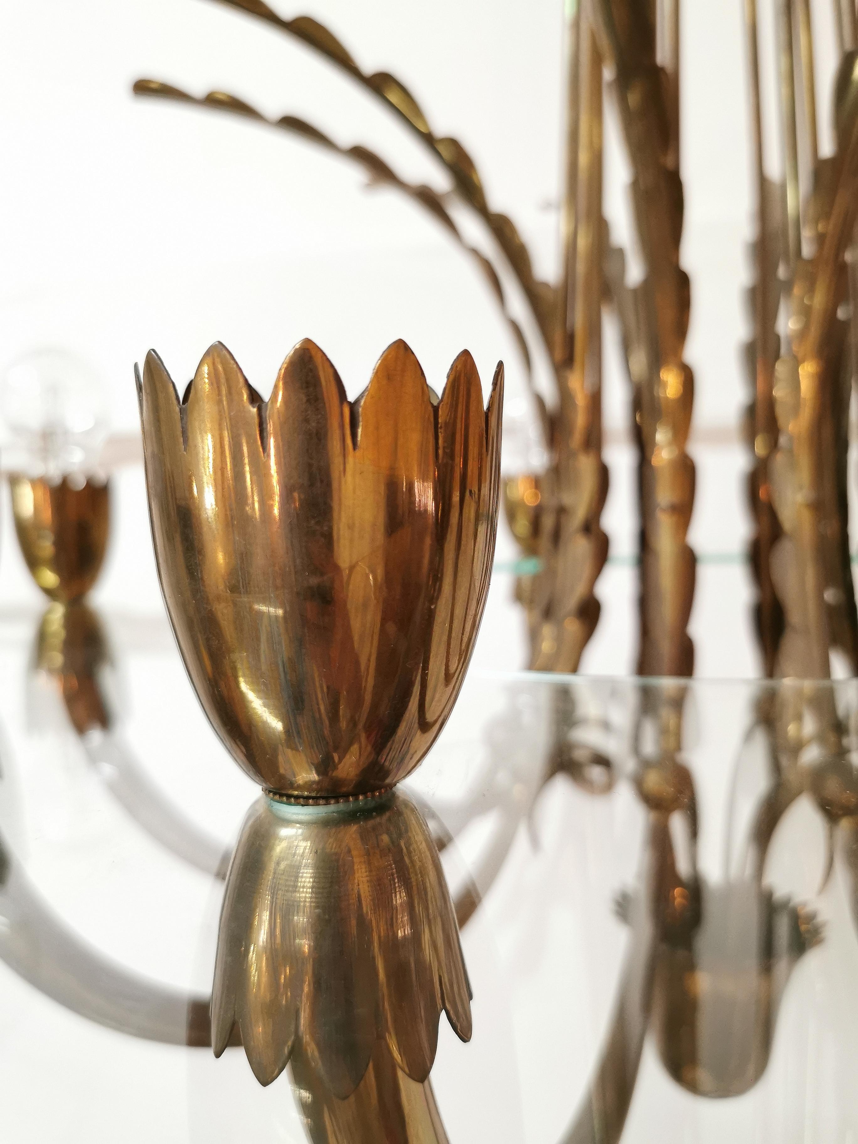 Midcentury Chandeliers Pendants Brass Monumental Round Glass Italy 1940 Set of 2 8