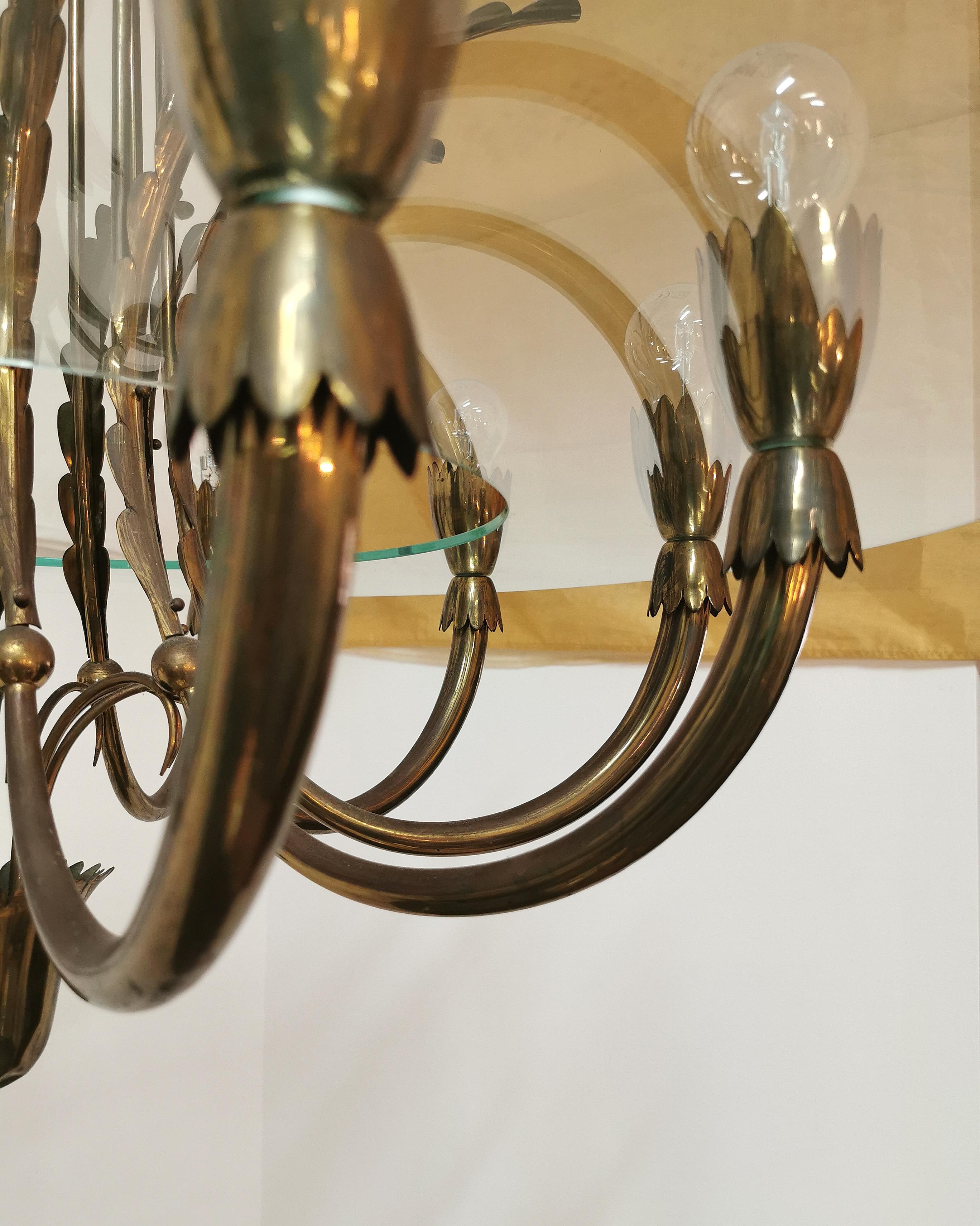 Midcentury Chandeliers Pendants Brass Monumental Round Glass Italy 1940 Set of 2 11