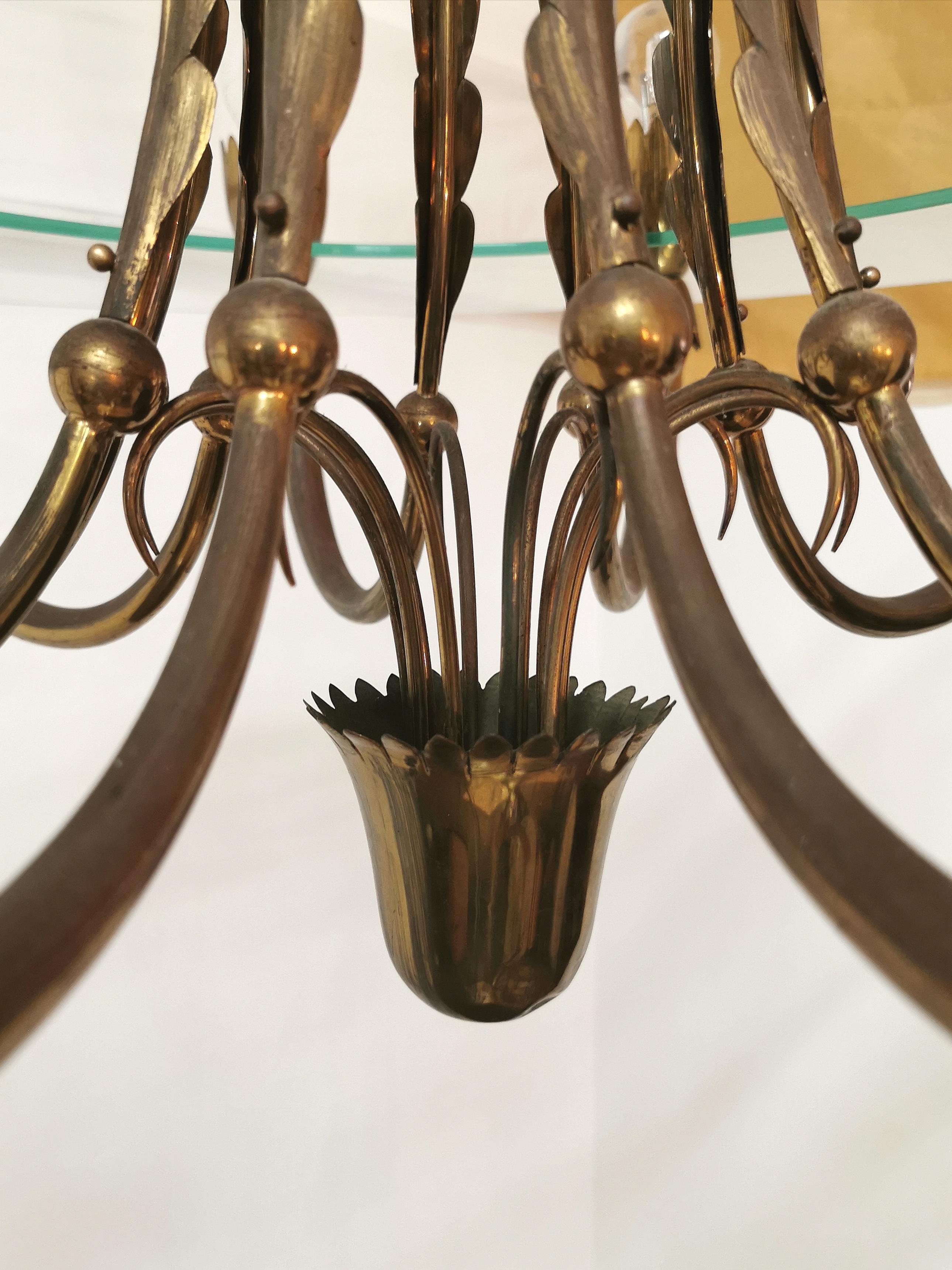 Midcentury Chandeliers Pendants Brass Monumental Round Glass Italy 1940 Set of 2 12