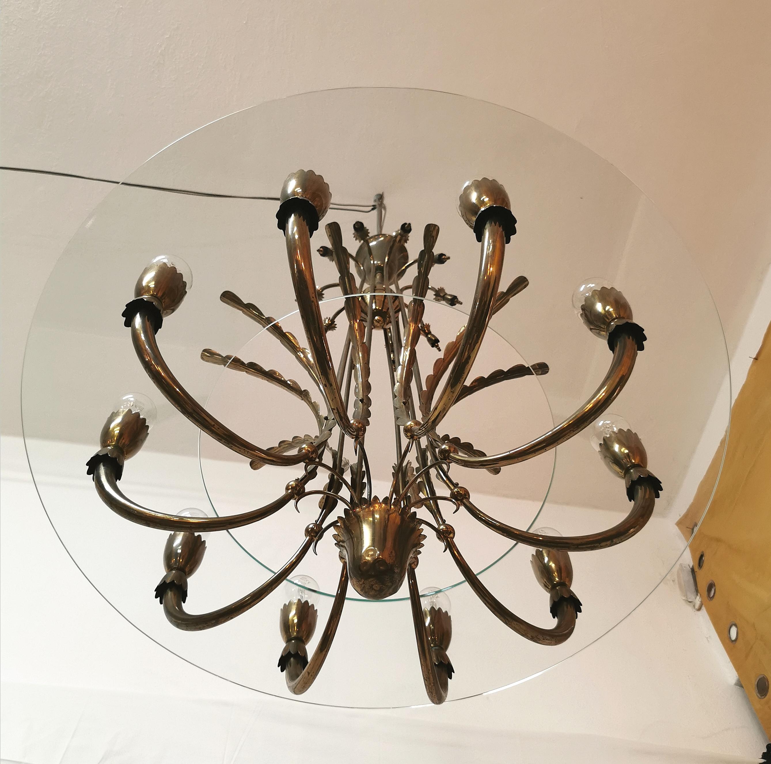 Mid-Century Modern Midcentury Chandeliers Pendants Brass Monumental Round Glass Italy 1940 Set of 2